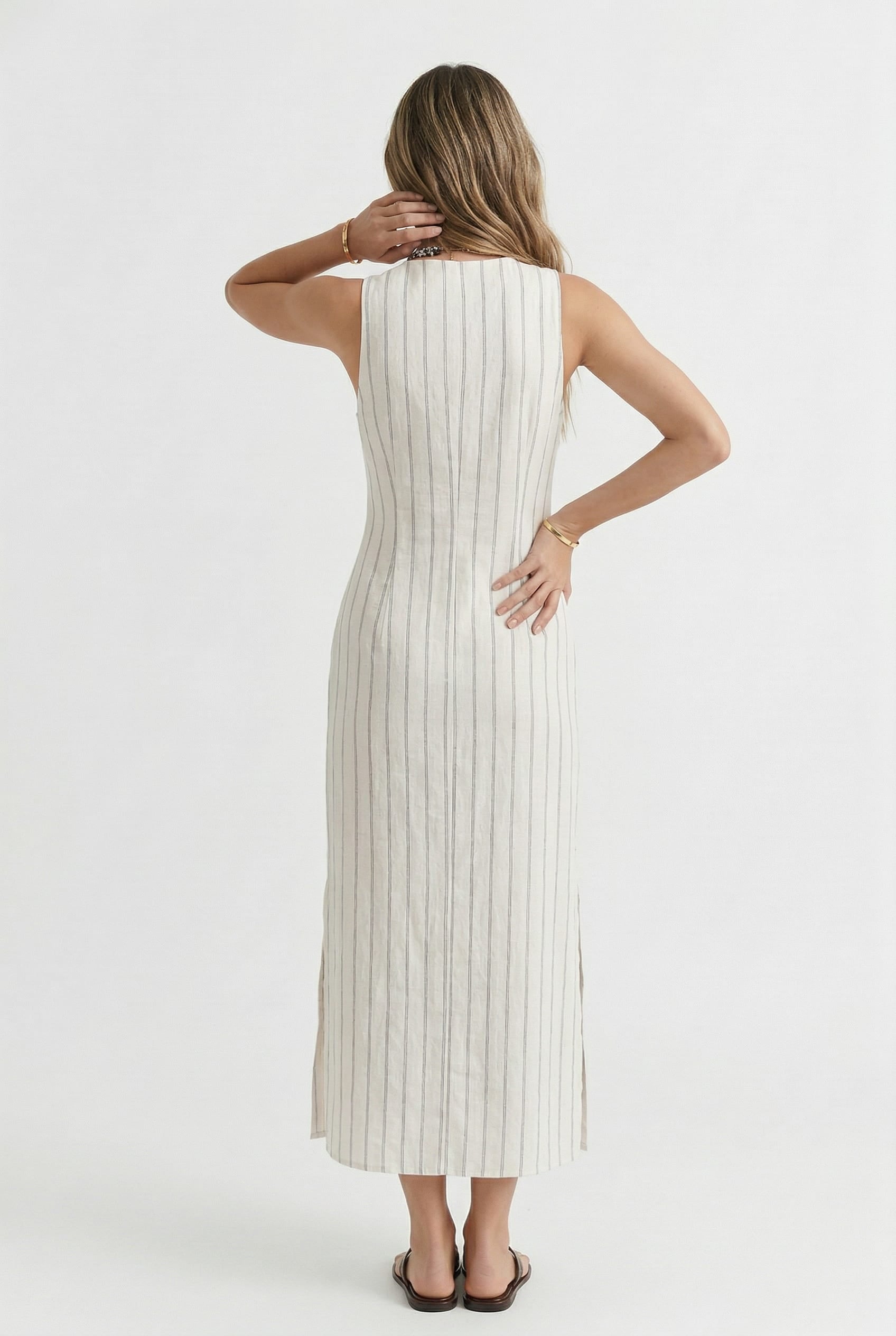 Cream Striped Button-Front Maxi Dress