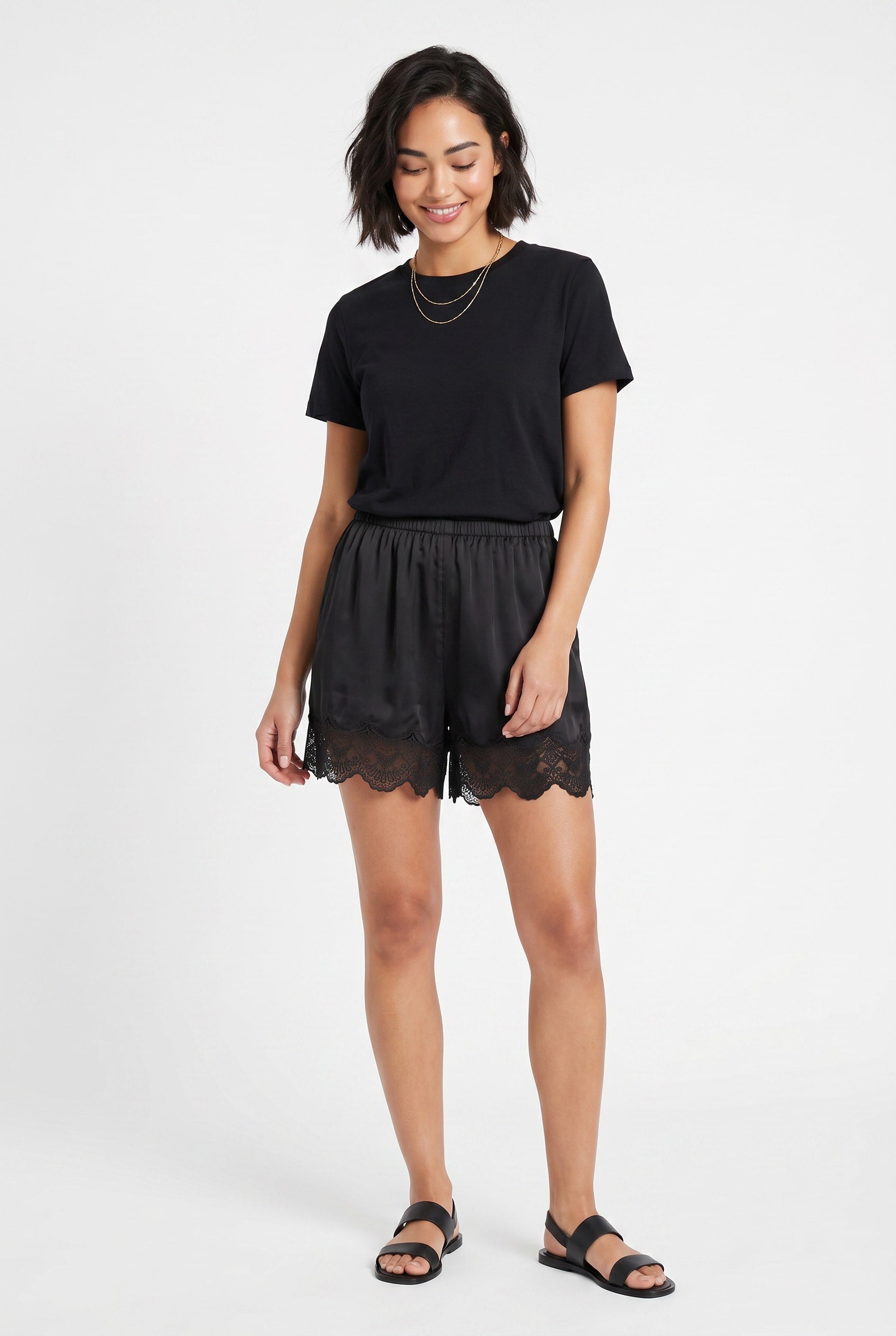 Black Lace Trim Satin Shorts