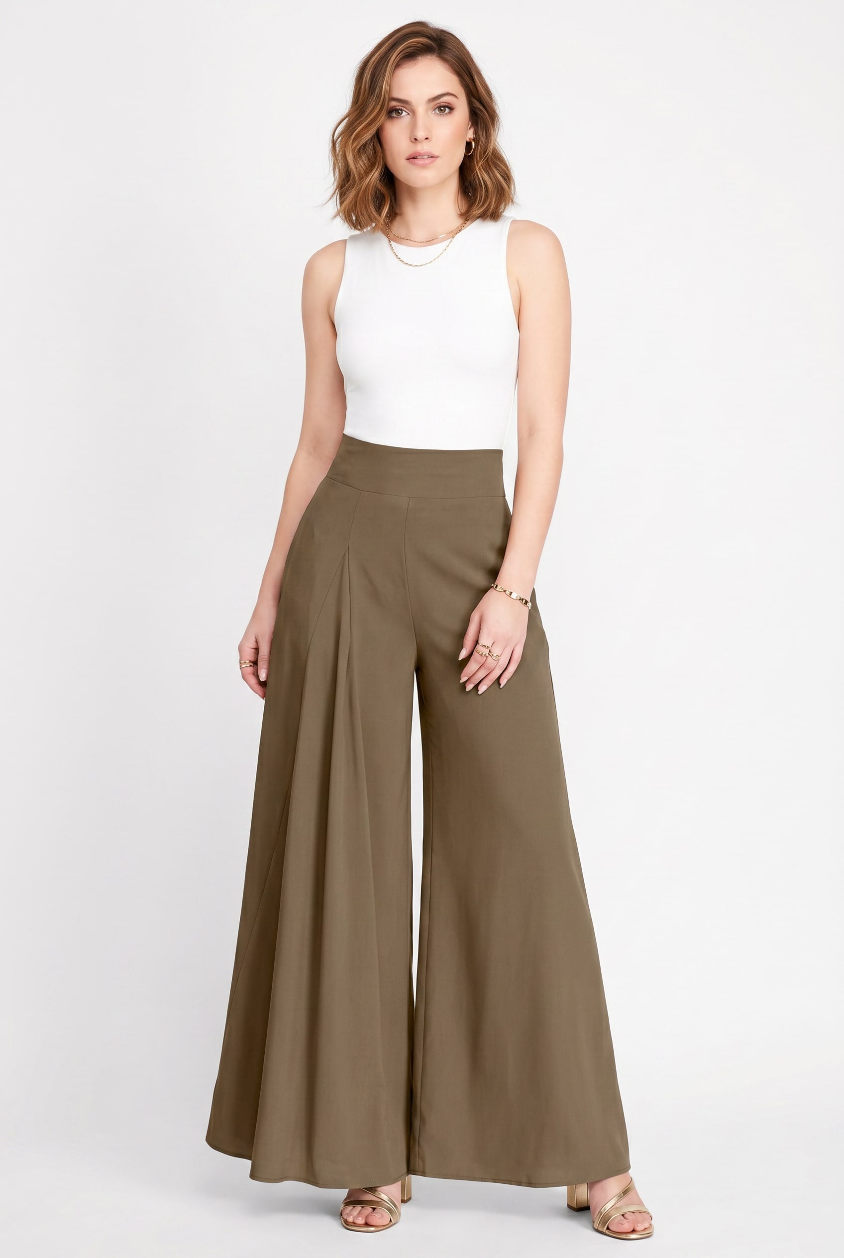 Olive Wide Leg Pleated Trousers