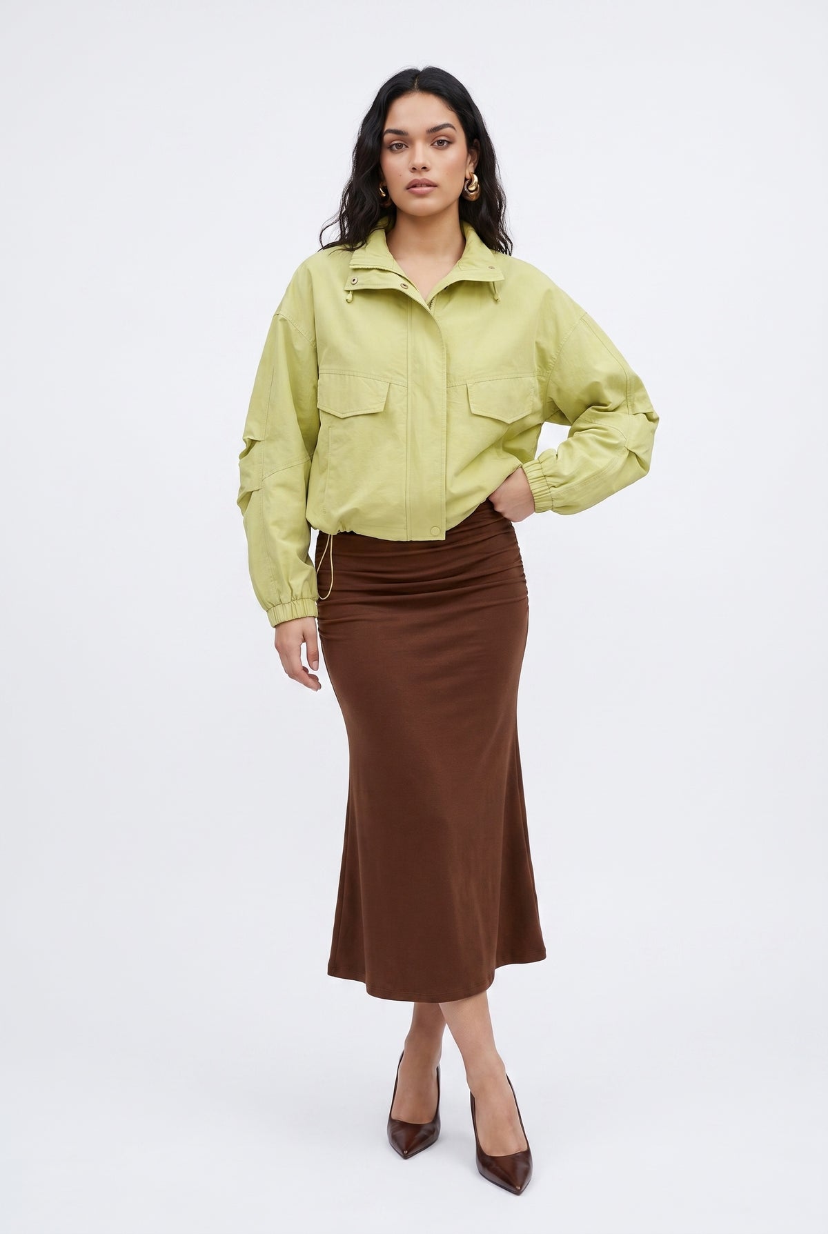 Green Cropped Utility Bomber Jacket