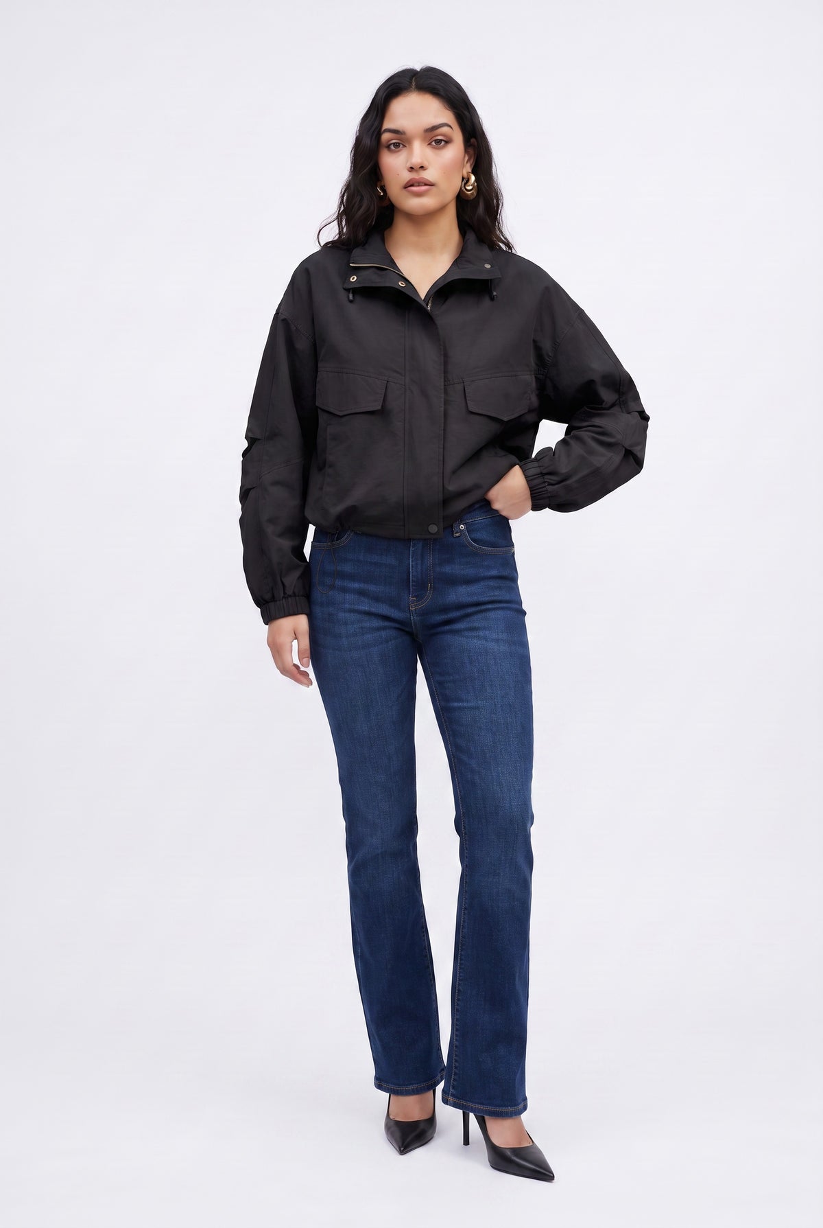 Black Cropped Utility Bomber Jacket