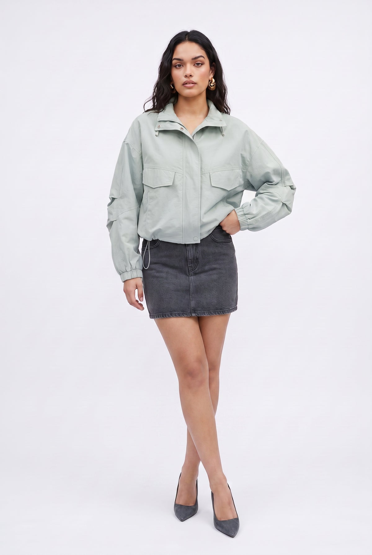Blue Cropped Utility Bomber Jacket