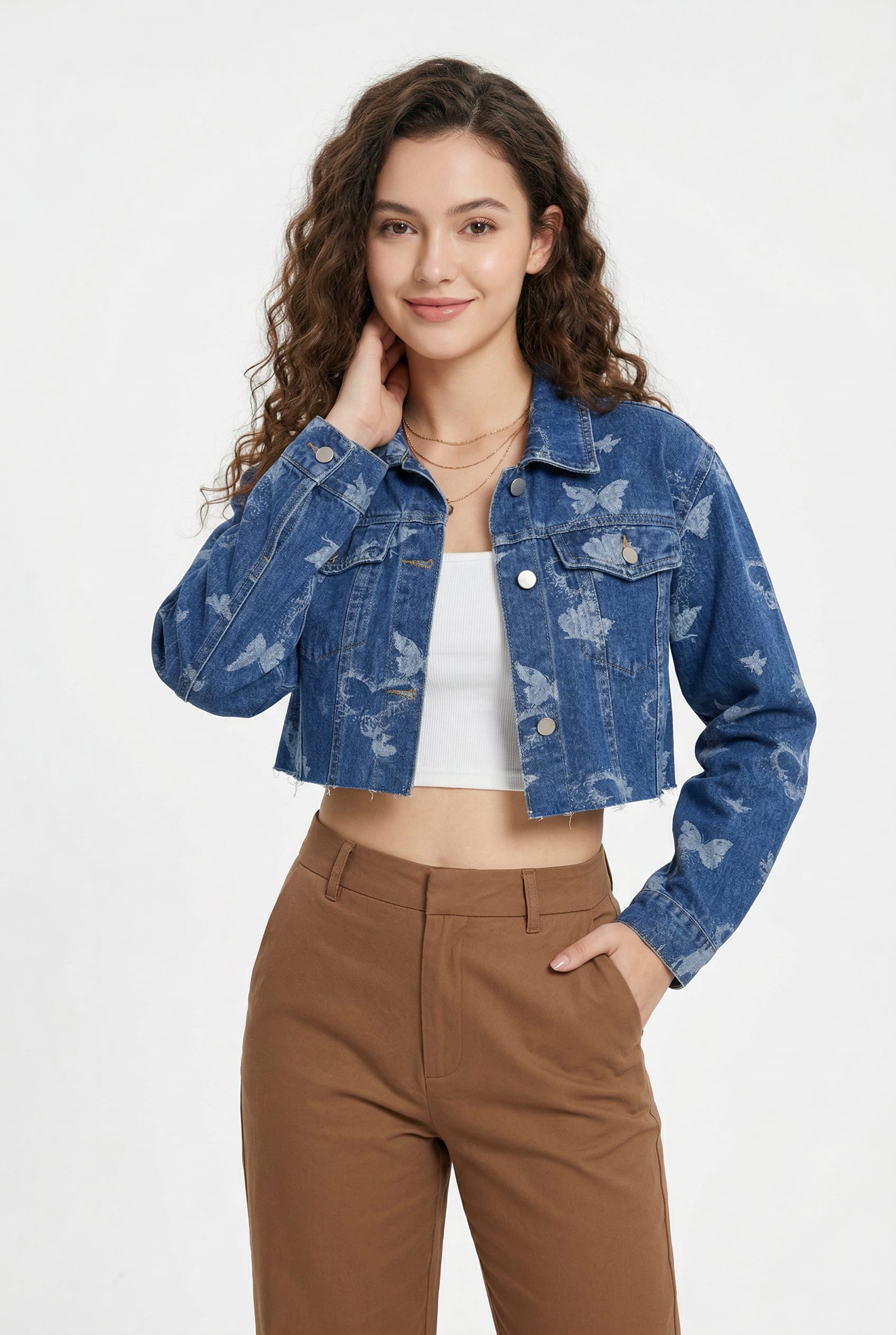 Blue Butterfly Print Cropped Denim Jacket