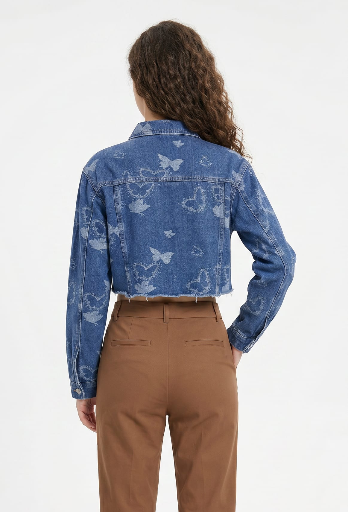 Blue Butterfly Print Cropped Denim Jacket
