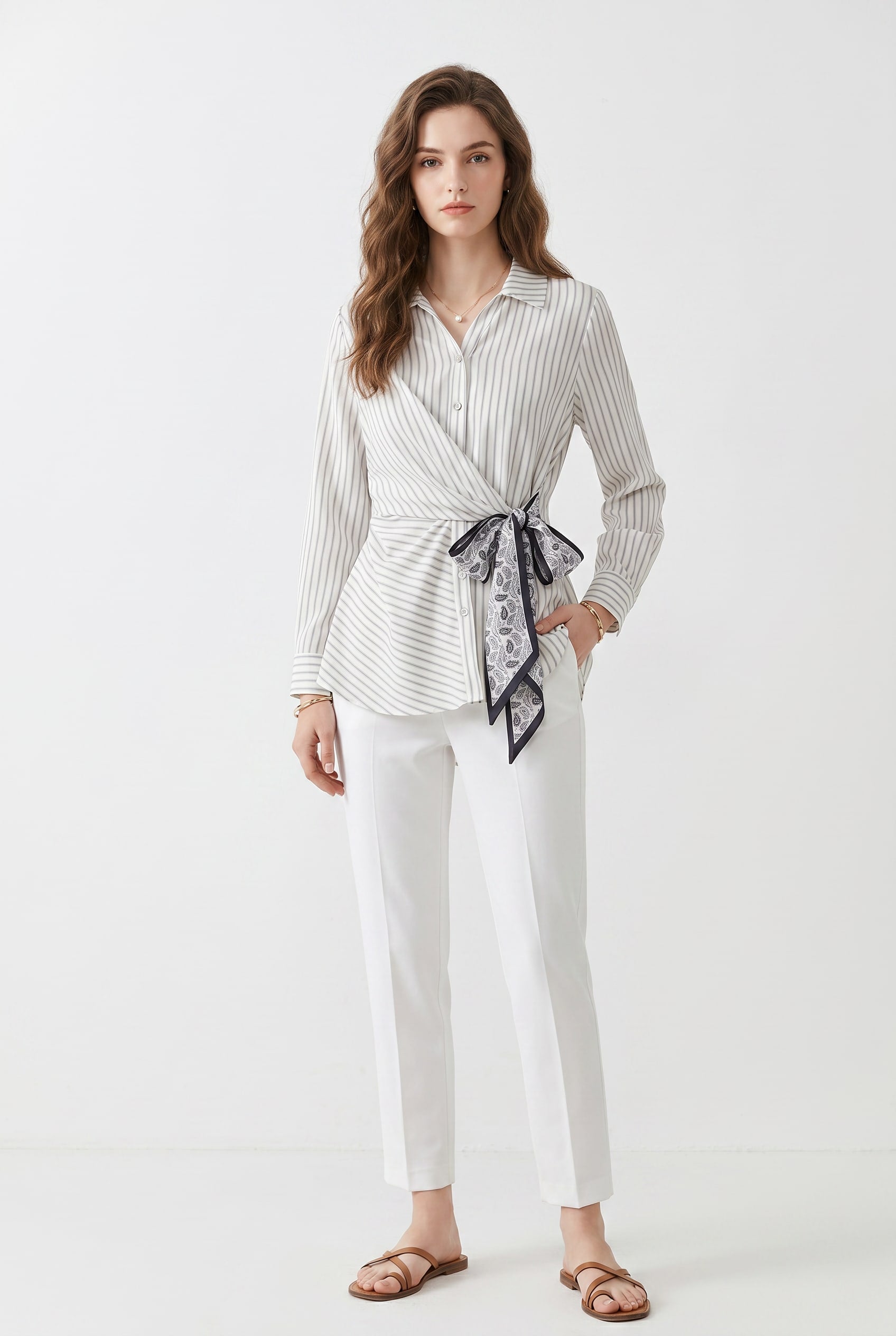 White Striped Wrap Shirt With Scarf