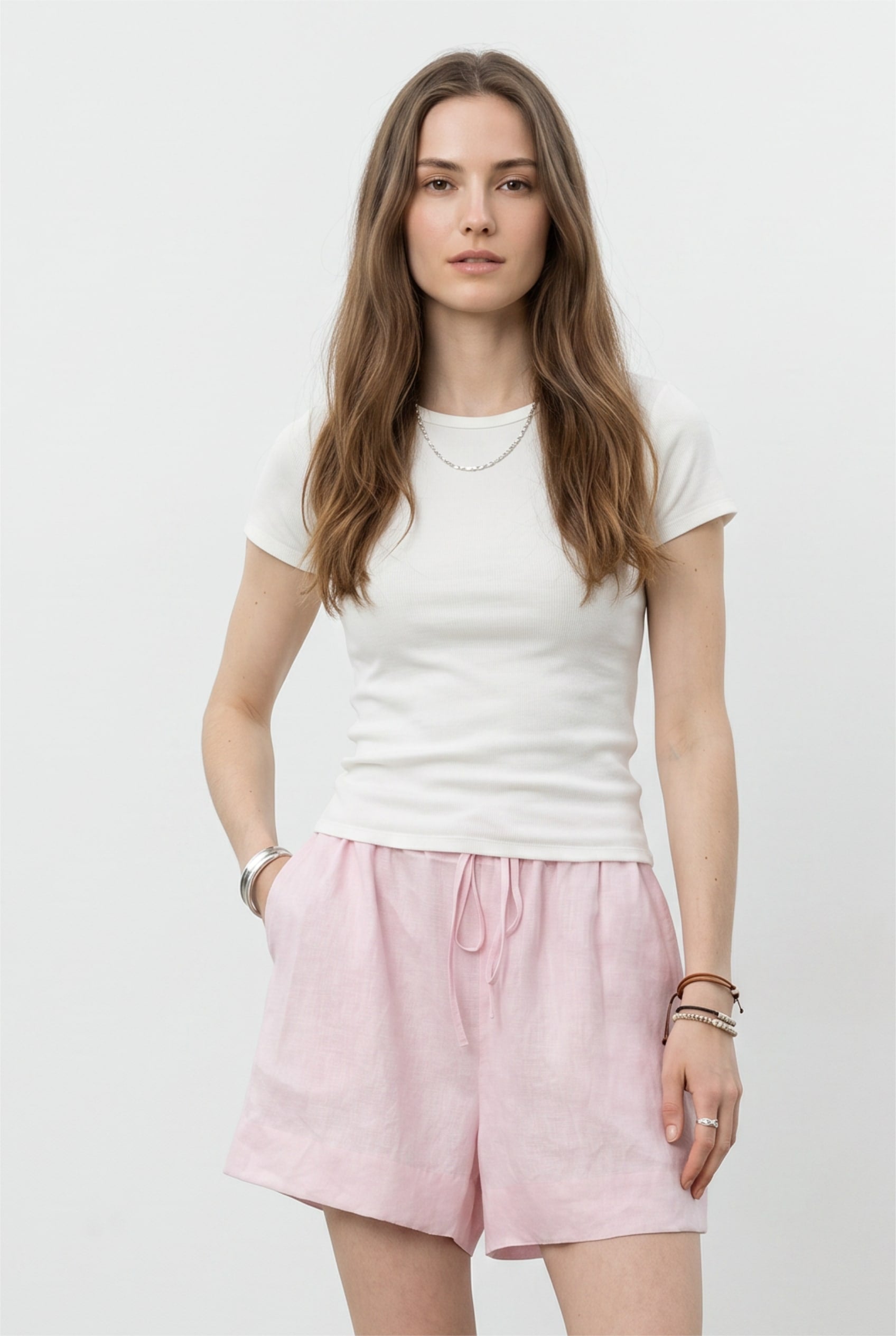 Pink Linen Blend Drawstring Shorts