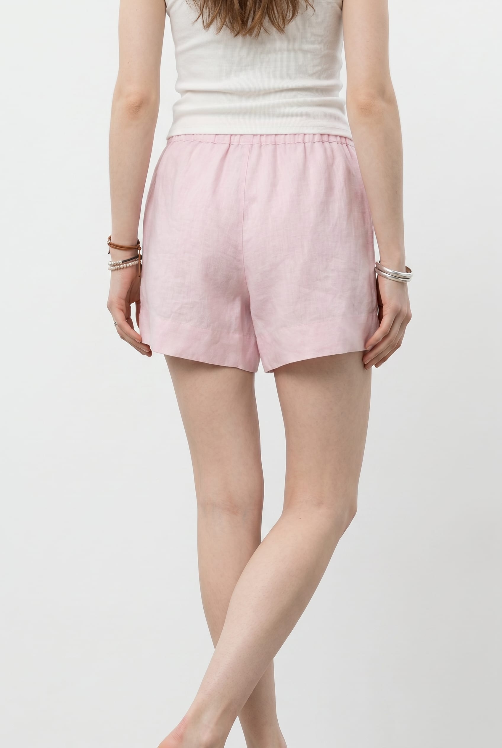 Pink Linen Blend Drawstring Shorts