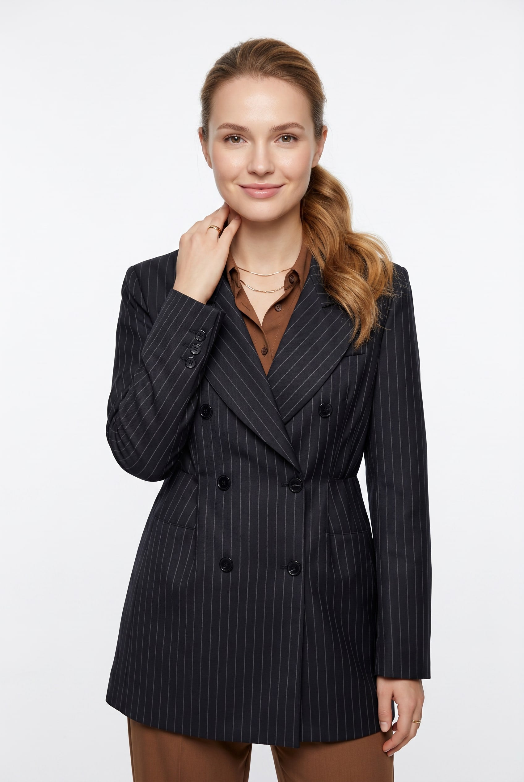 Navy Pinstripe Double-Breasted Blazer Dress