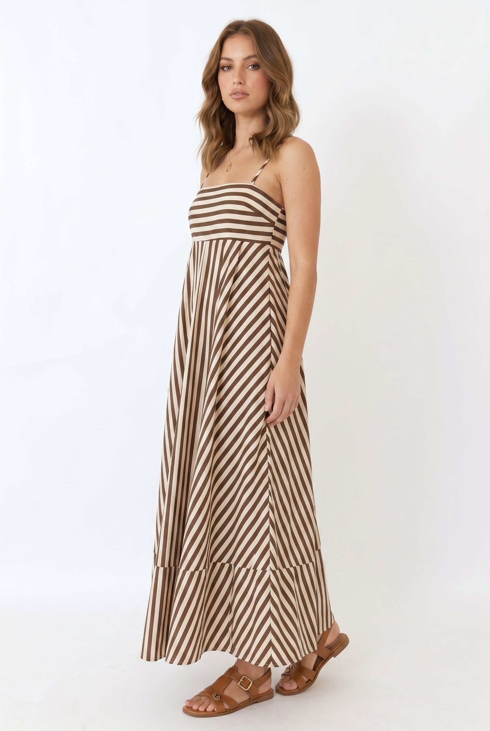 Brown Striped Empire Waist Maxi Dress