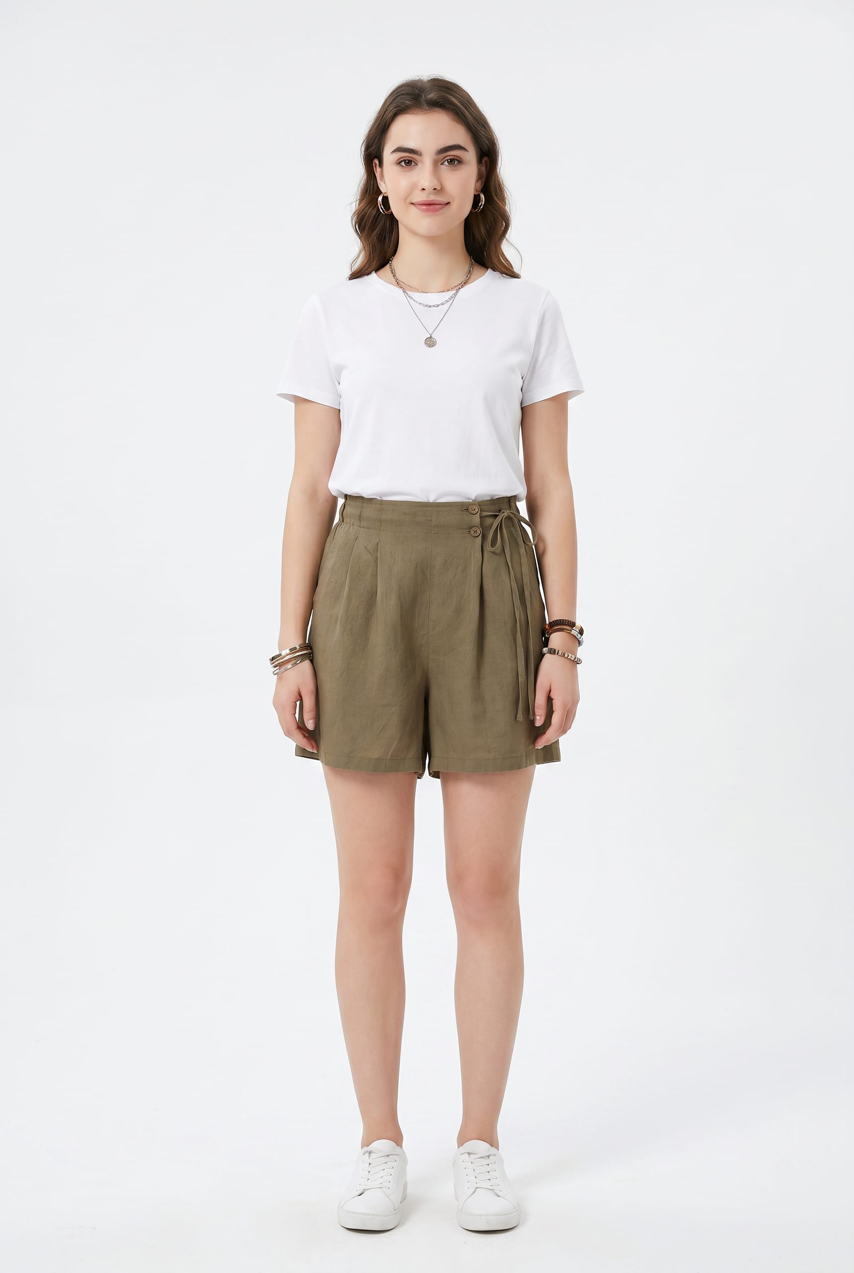 Olive Linen-Blend Pleated Tie Shorts