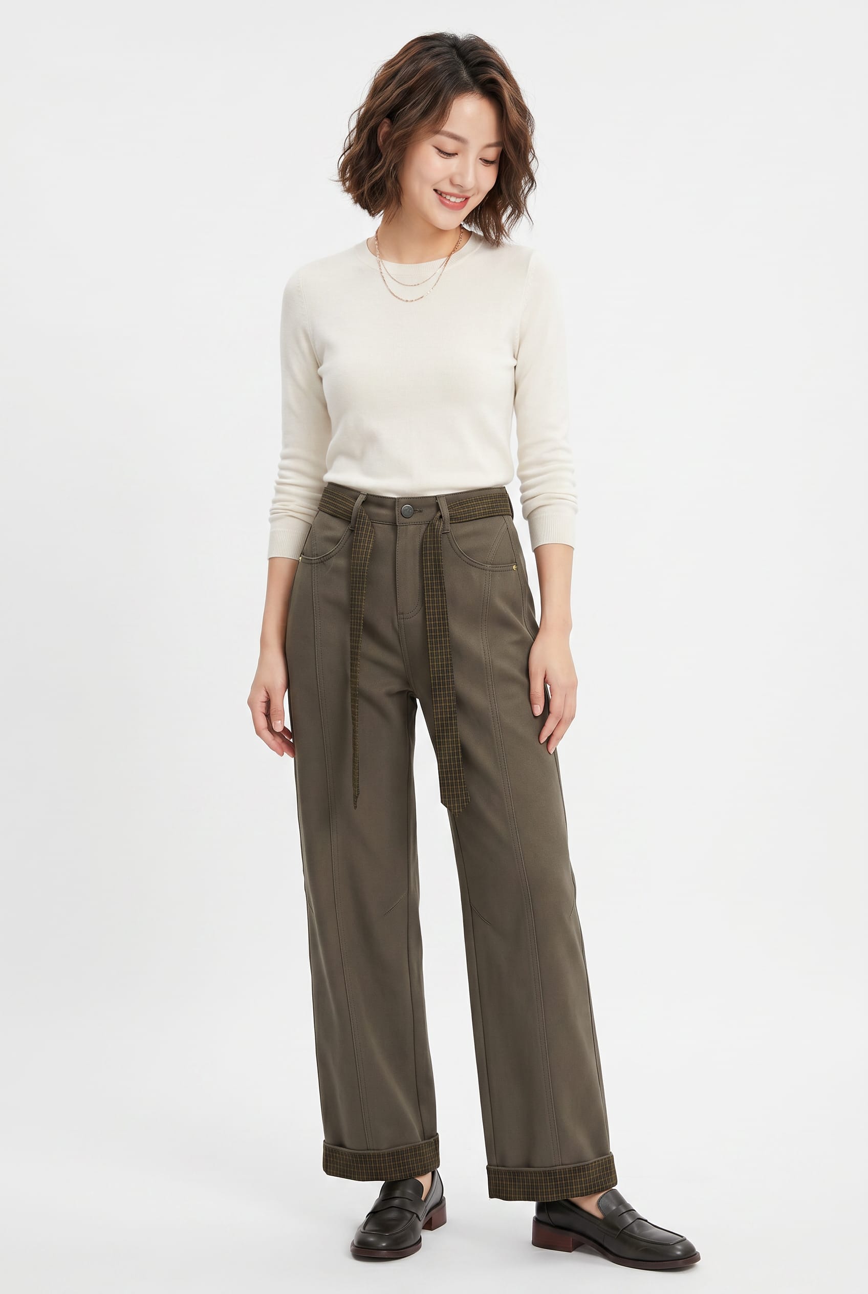 Olive Wide-Leg Trousers with Belt Detail