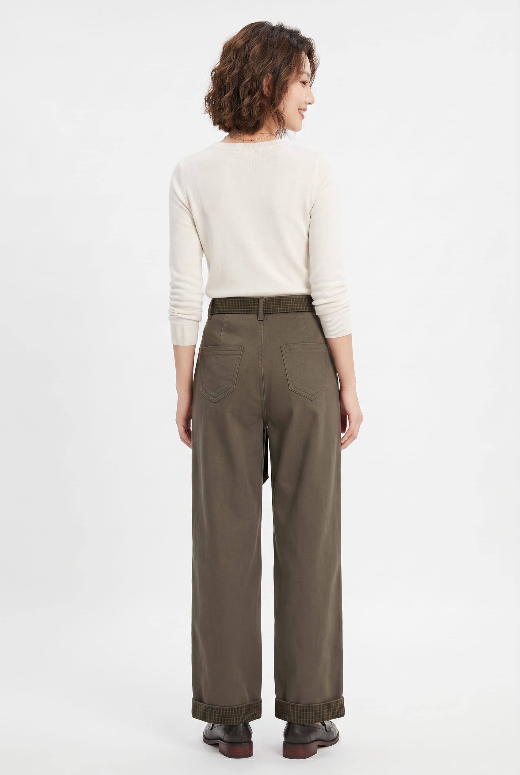 Olive Wide-Leg Trousers with Belt Detail