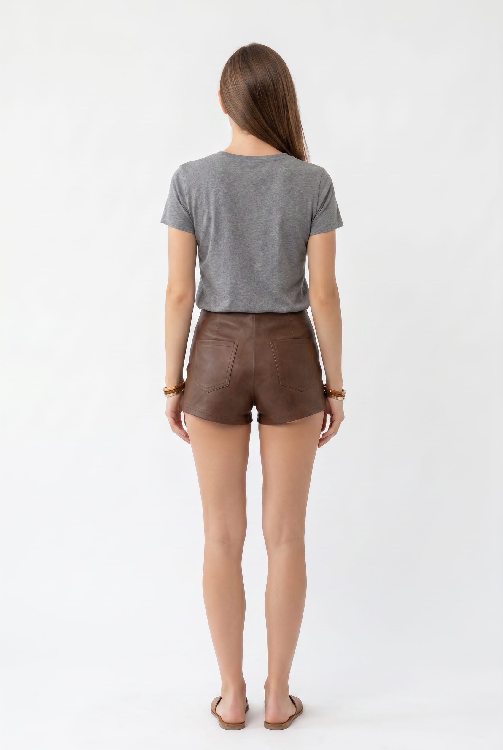 Brown Lace-Up High-Waisted Faux Leather Shorts