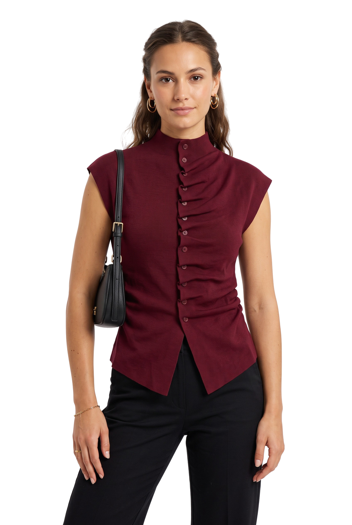 Burgundy Ruched Button-Up Blouse