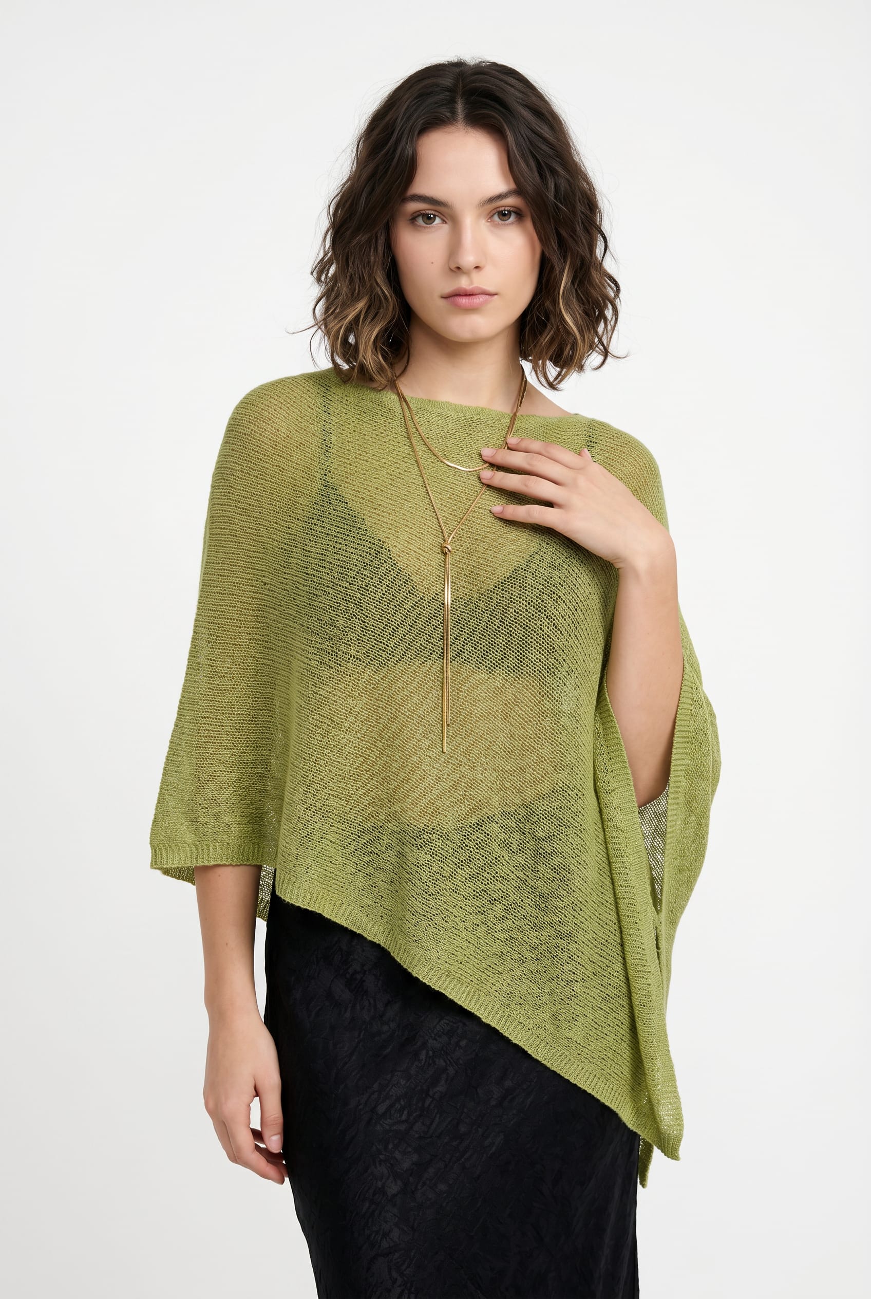 Chartreuse Green Asymmetric Knit Poncho Top