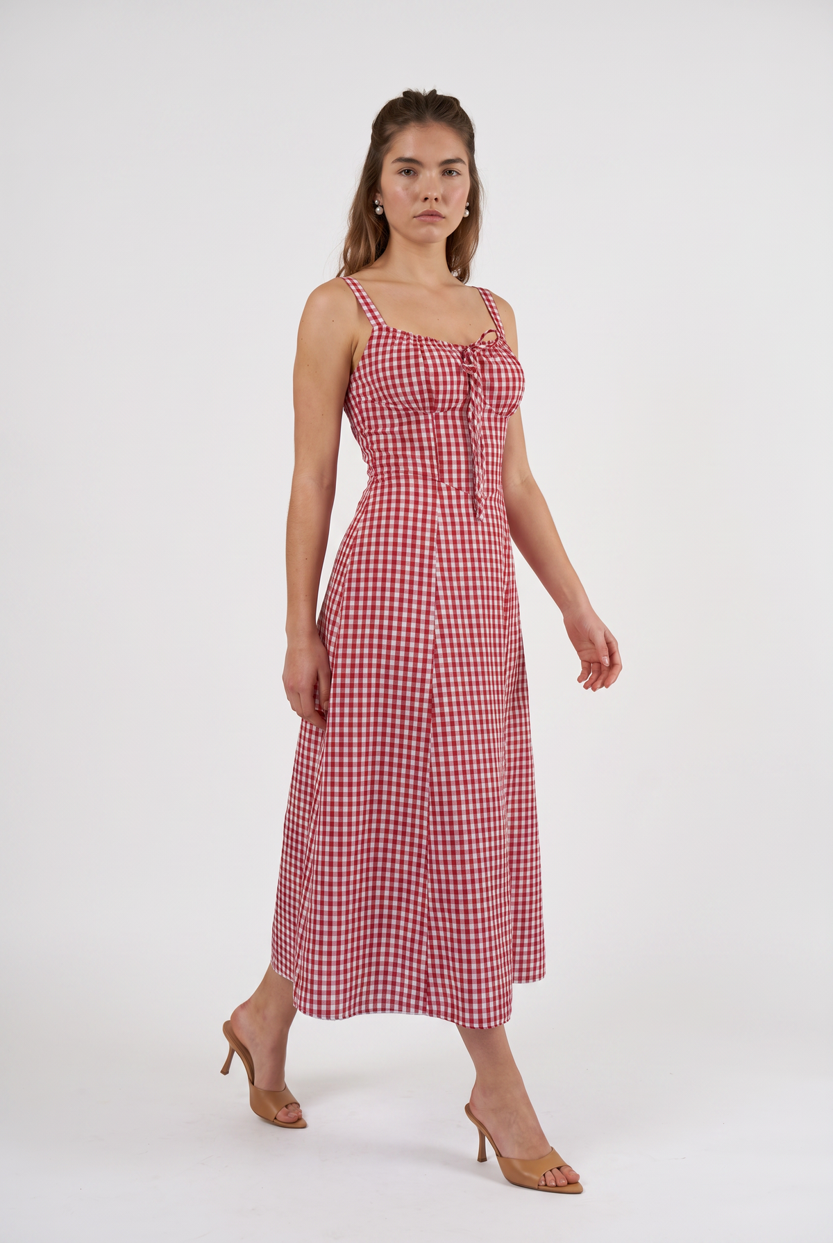 Red Gingham Corset Midi Dress