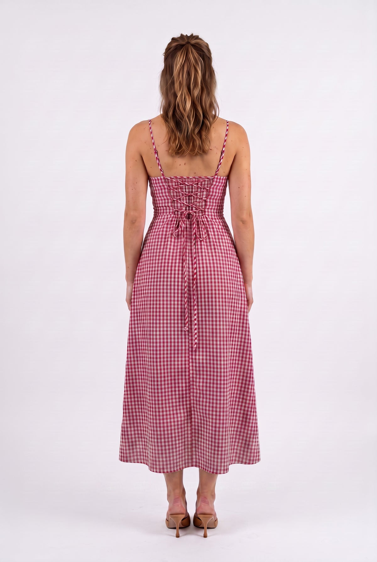 Red Gingham Corset Midi Dress