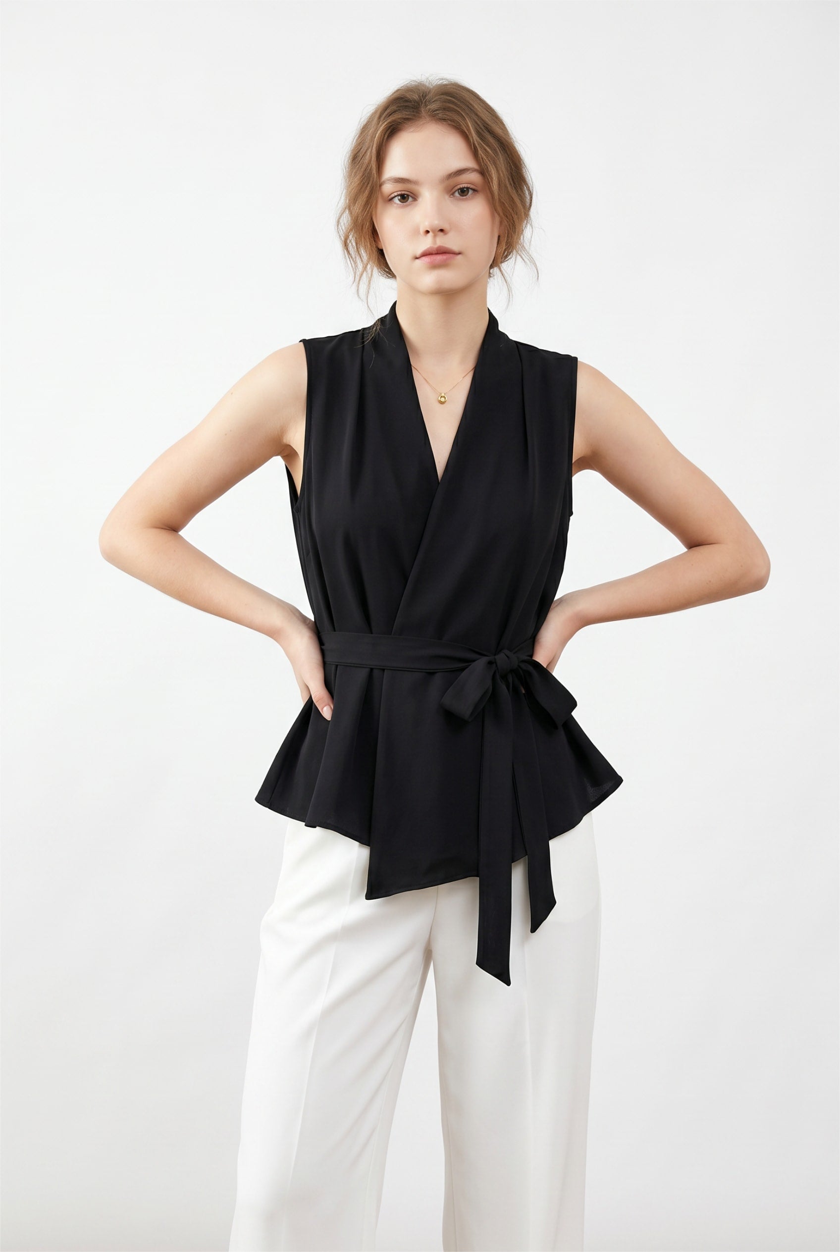 Black Sleeveless Wrap Peplum Top