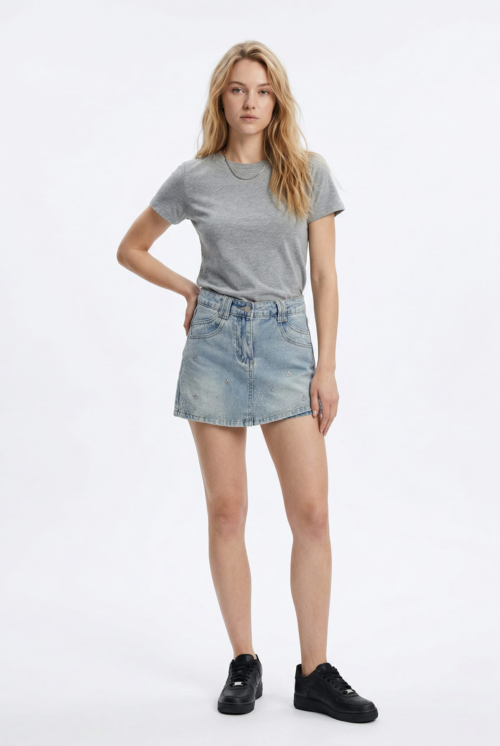 Light Wash Studded Denim Mini Skirt