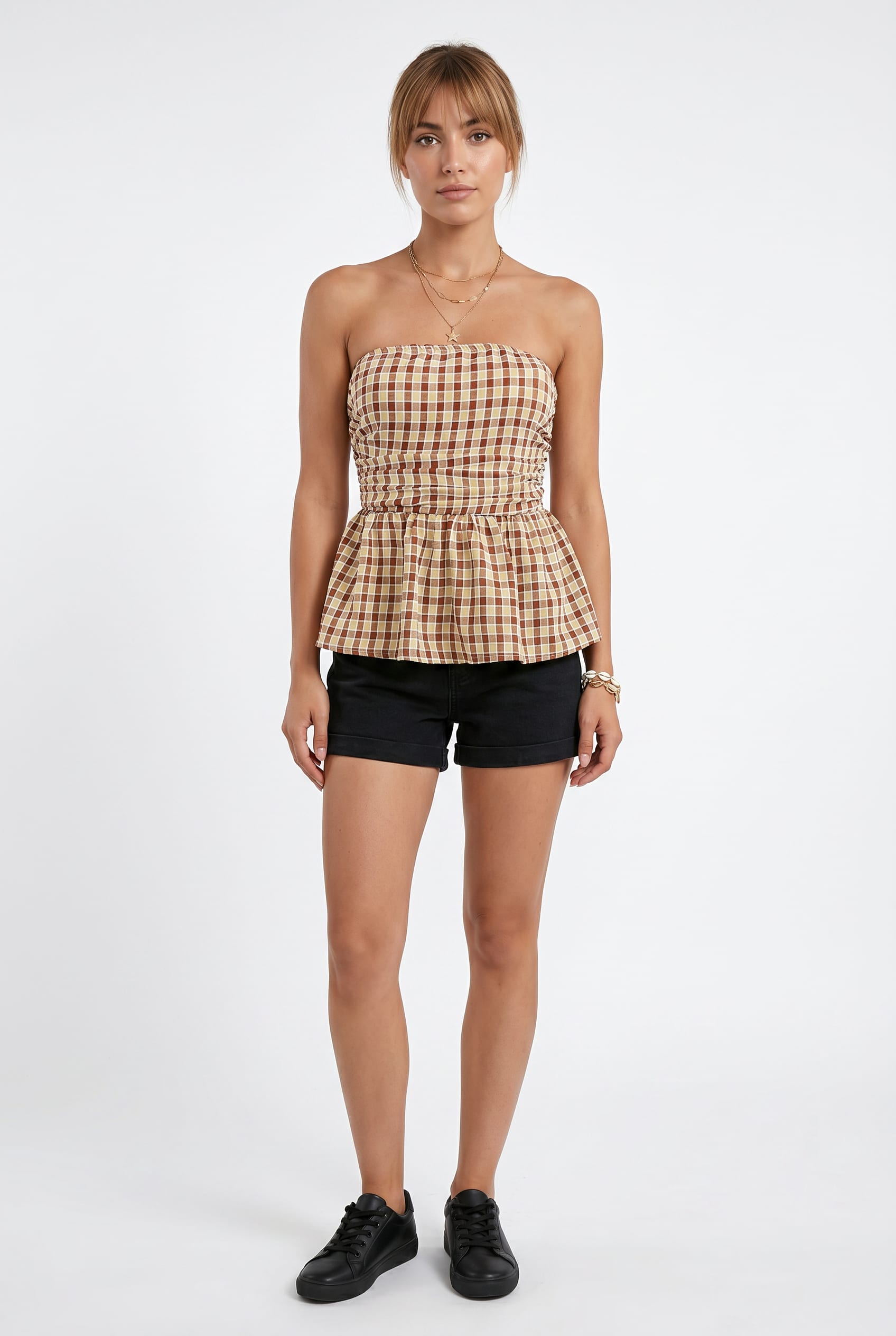 Brown Check Smocked Strapless Peplum Top