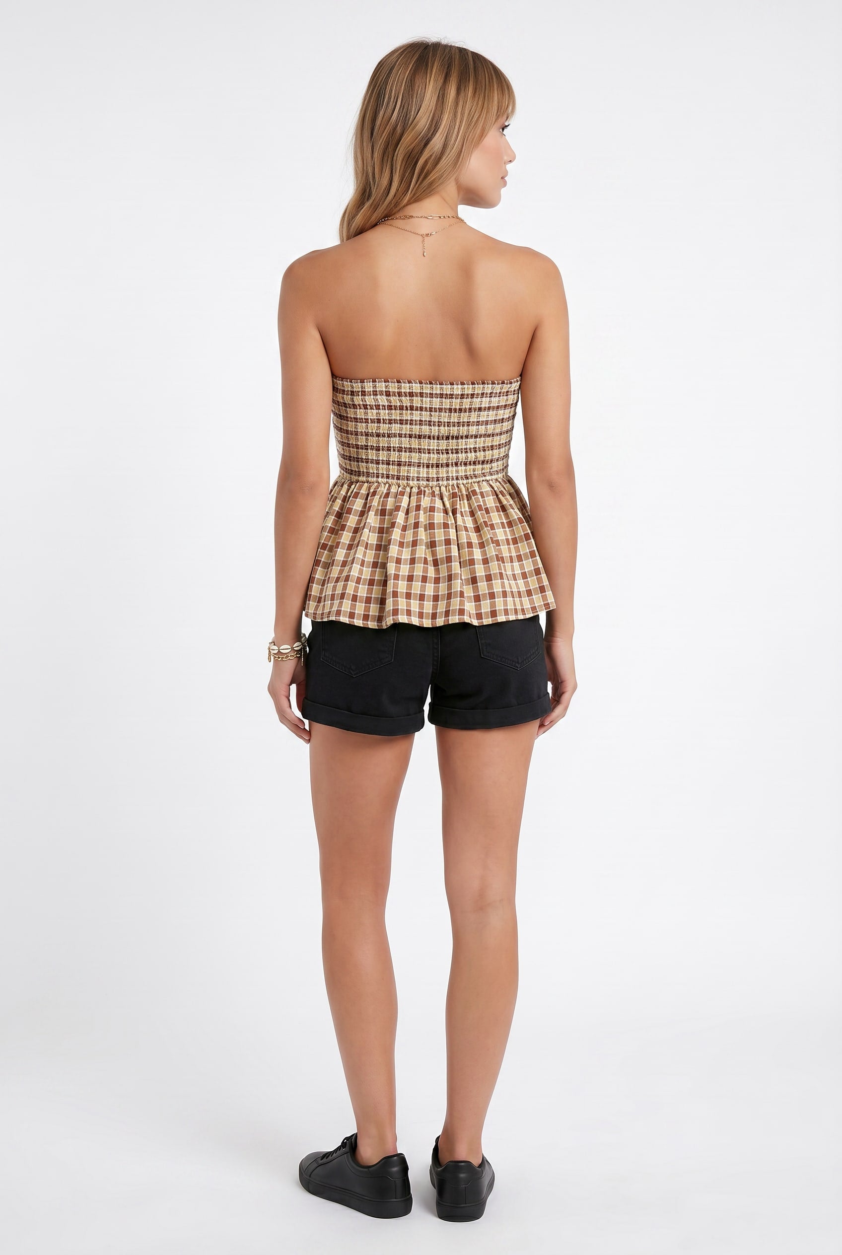 Brown Check Smocked Strapless Peplum Top
