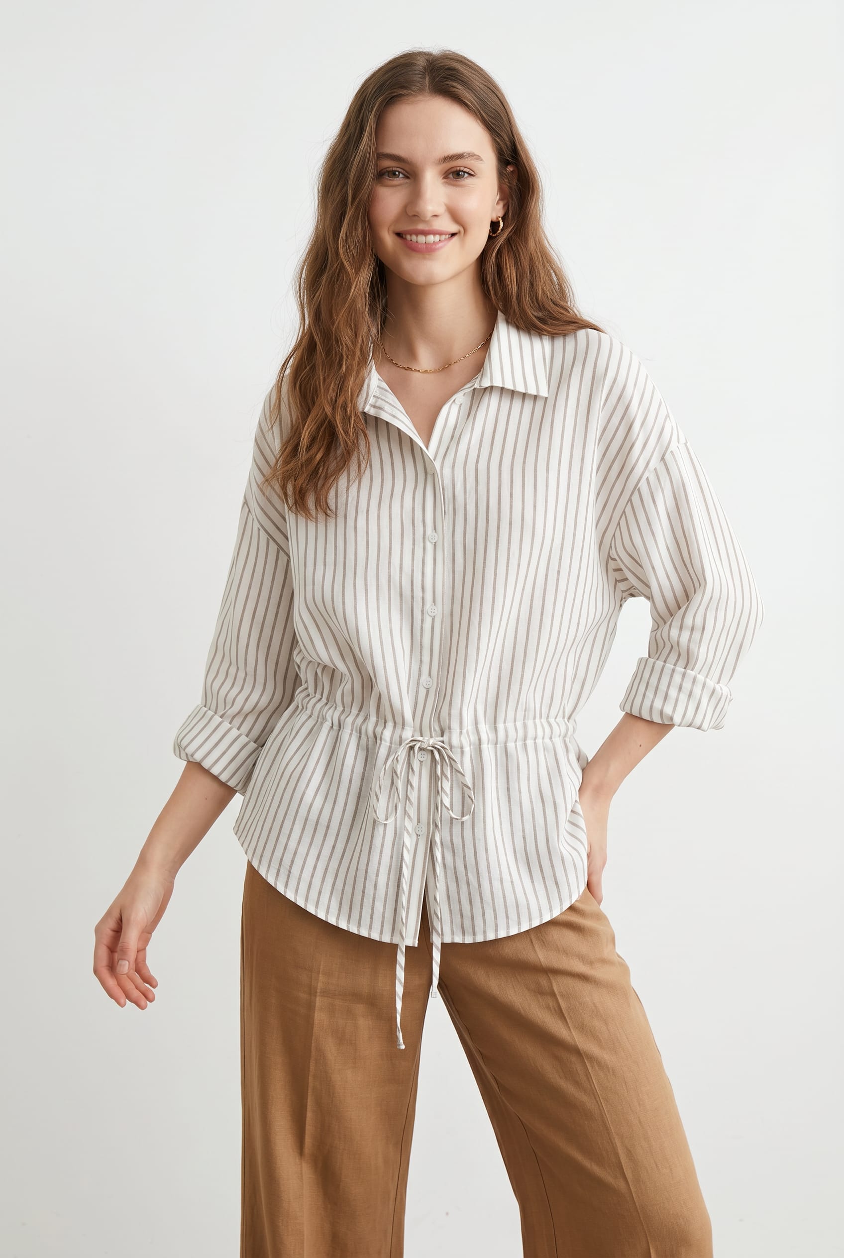 Striped Drawstring Waist Shirt Blouse