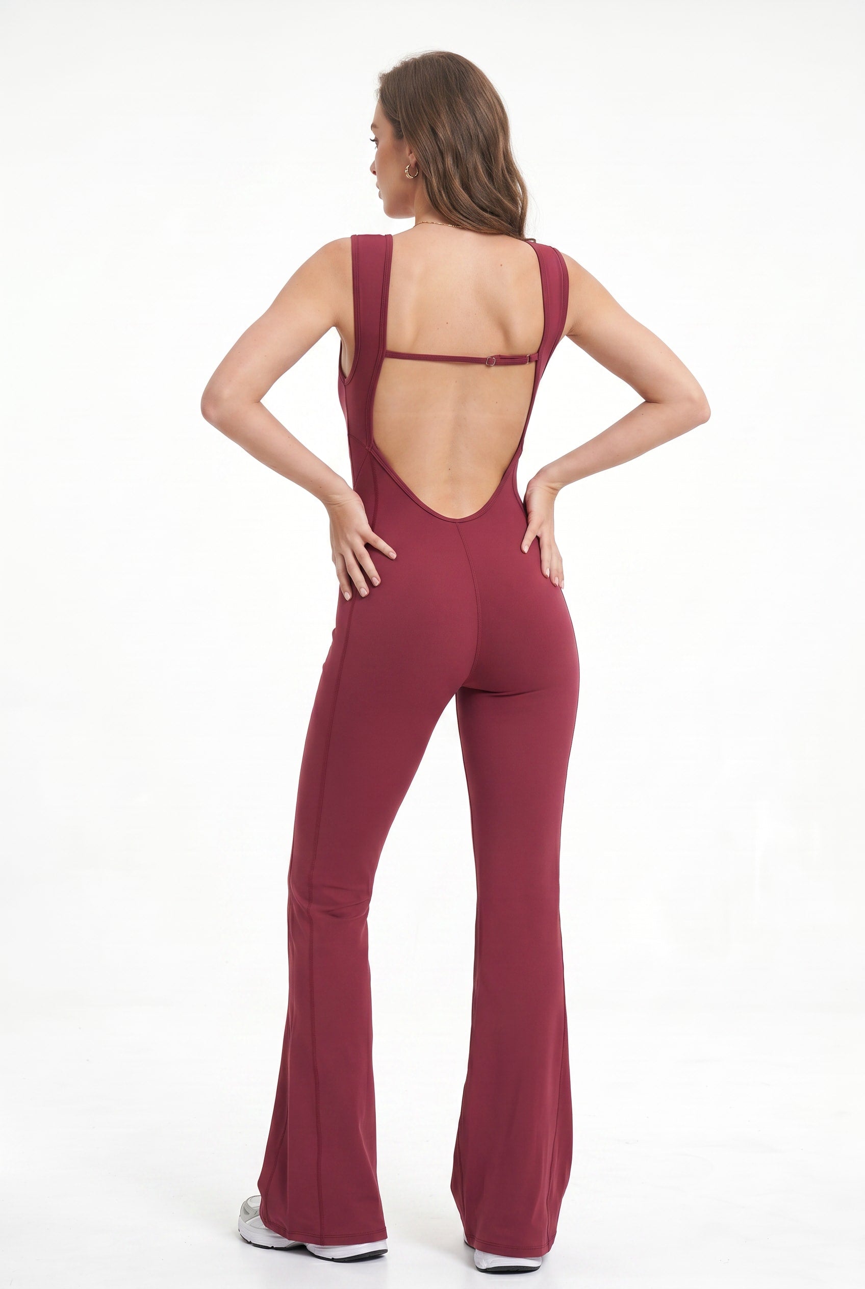 Burgundy Square-Neck Flared Activewear Jumpsuit