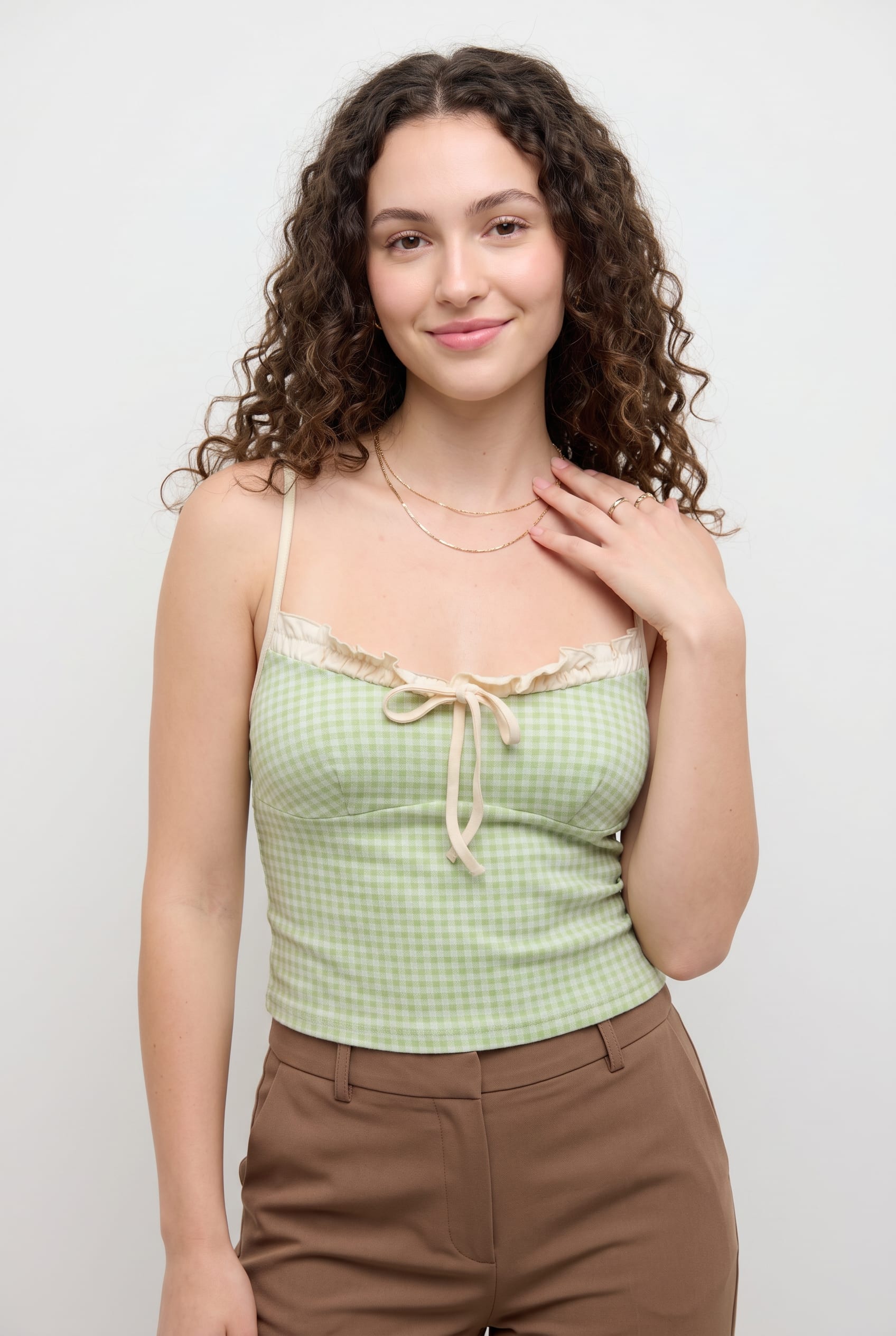 Green Gingham Ruffle Trim Corset Top