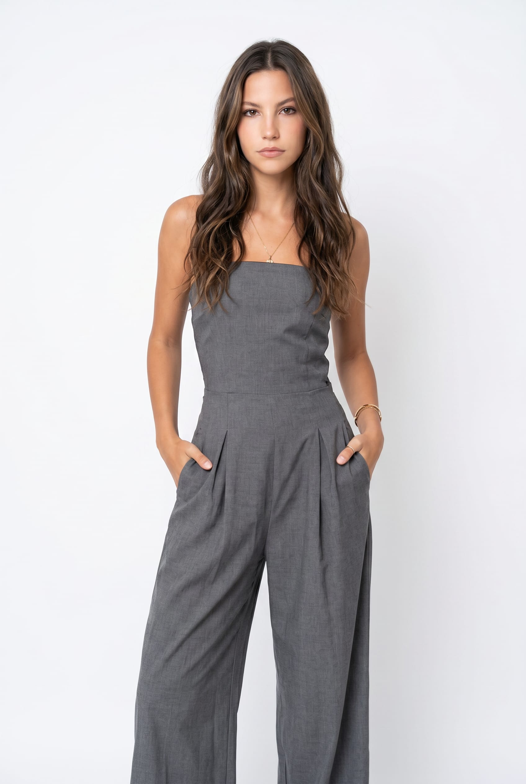 Charcoal Grey Pleated Wide-Leg Jumpsuit