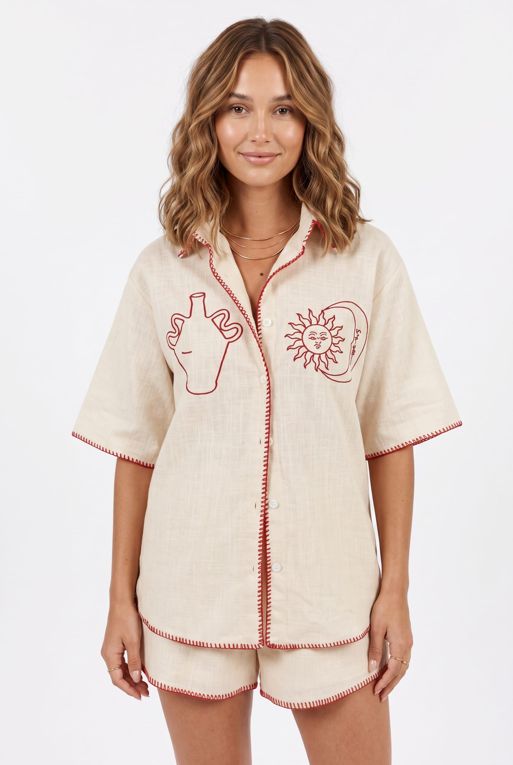 Cream Linen Embroidered Short Pajama Set
