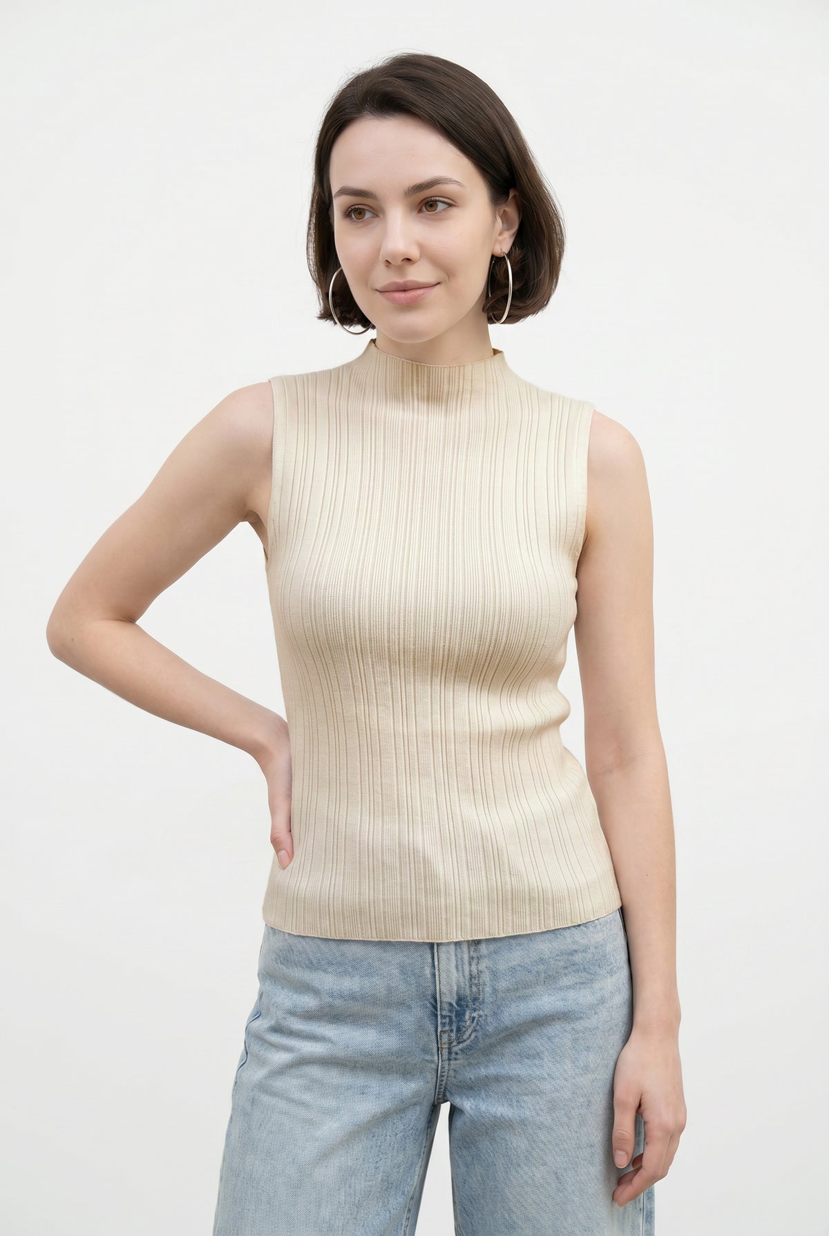 Beige Ribbed Mock Neck Top