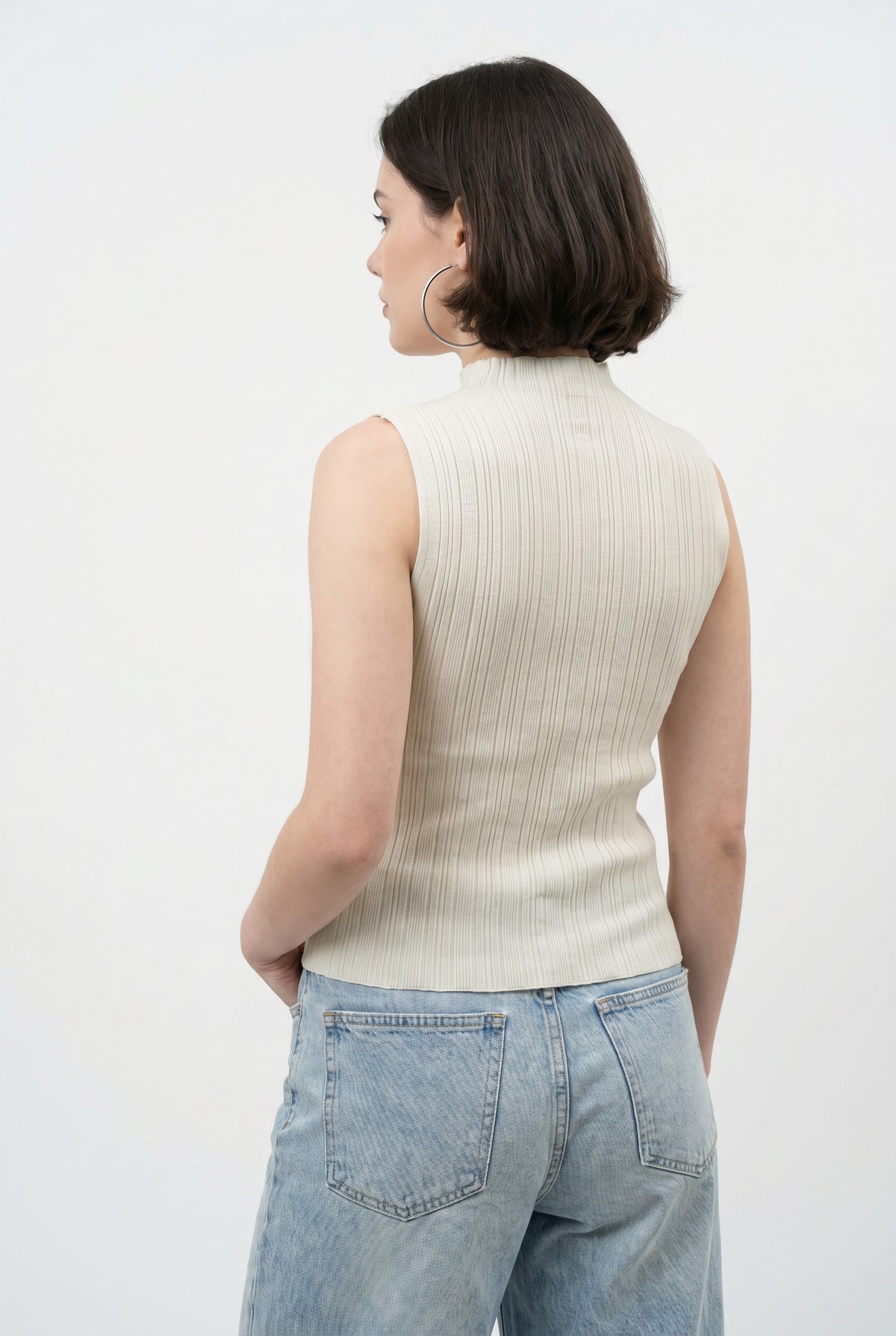 Beige Ribbed Mock Neck Top