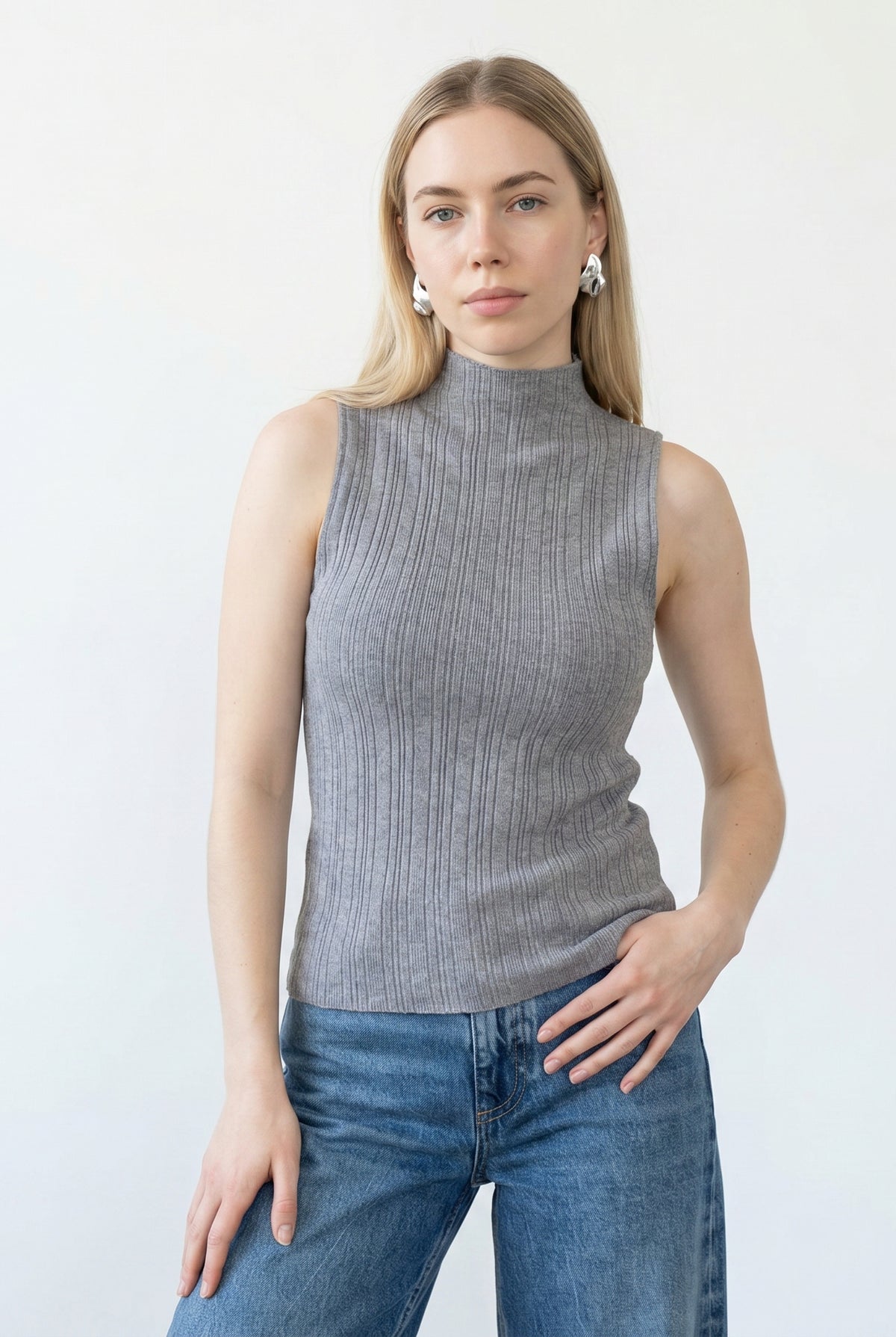 Gray Ribbed Mock Neck Top