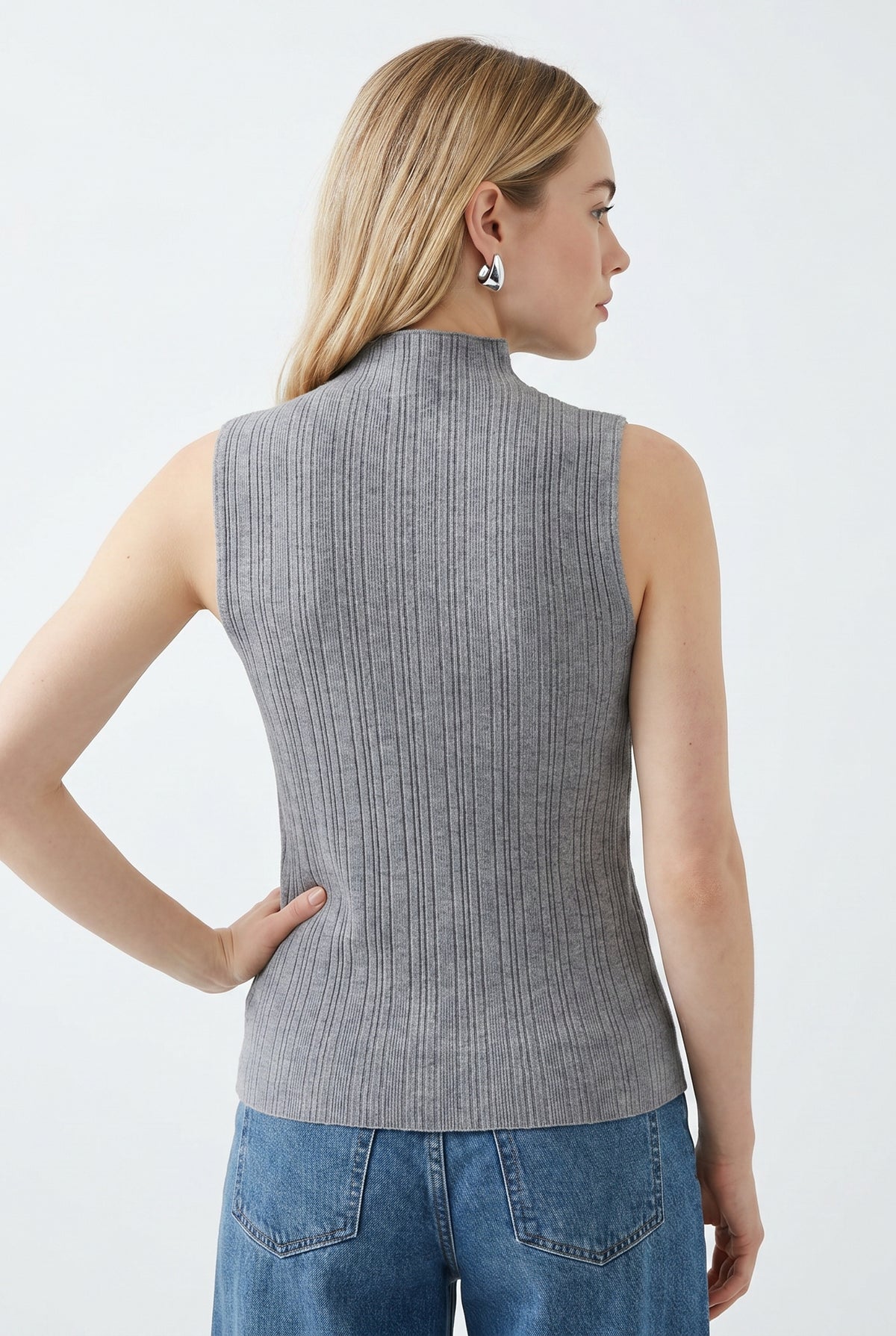 Gray Ribbed Mock Neck Top