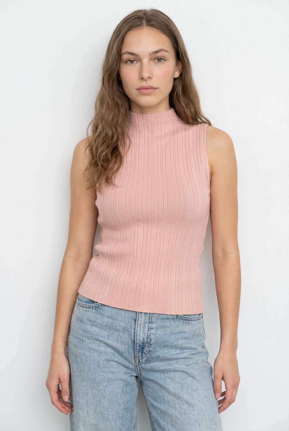 Pink Ribbed Mock Neck Top