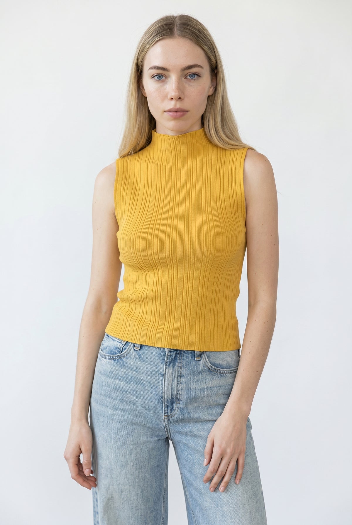 Mustard Ribbed Mock Neck Tank