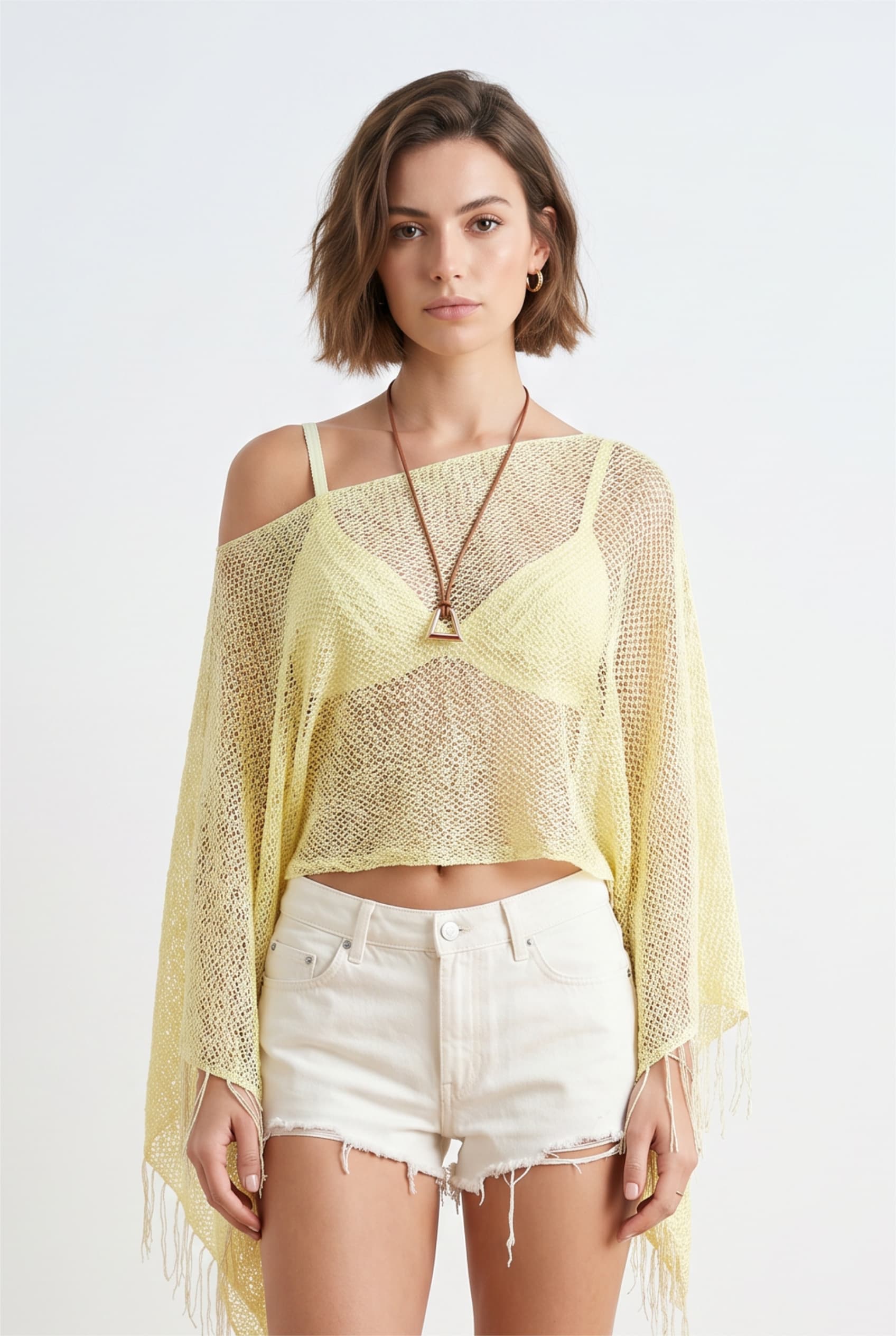 Pale Yellow Sheer Knit Fringe Top