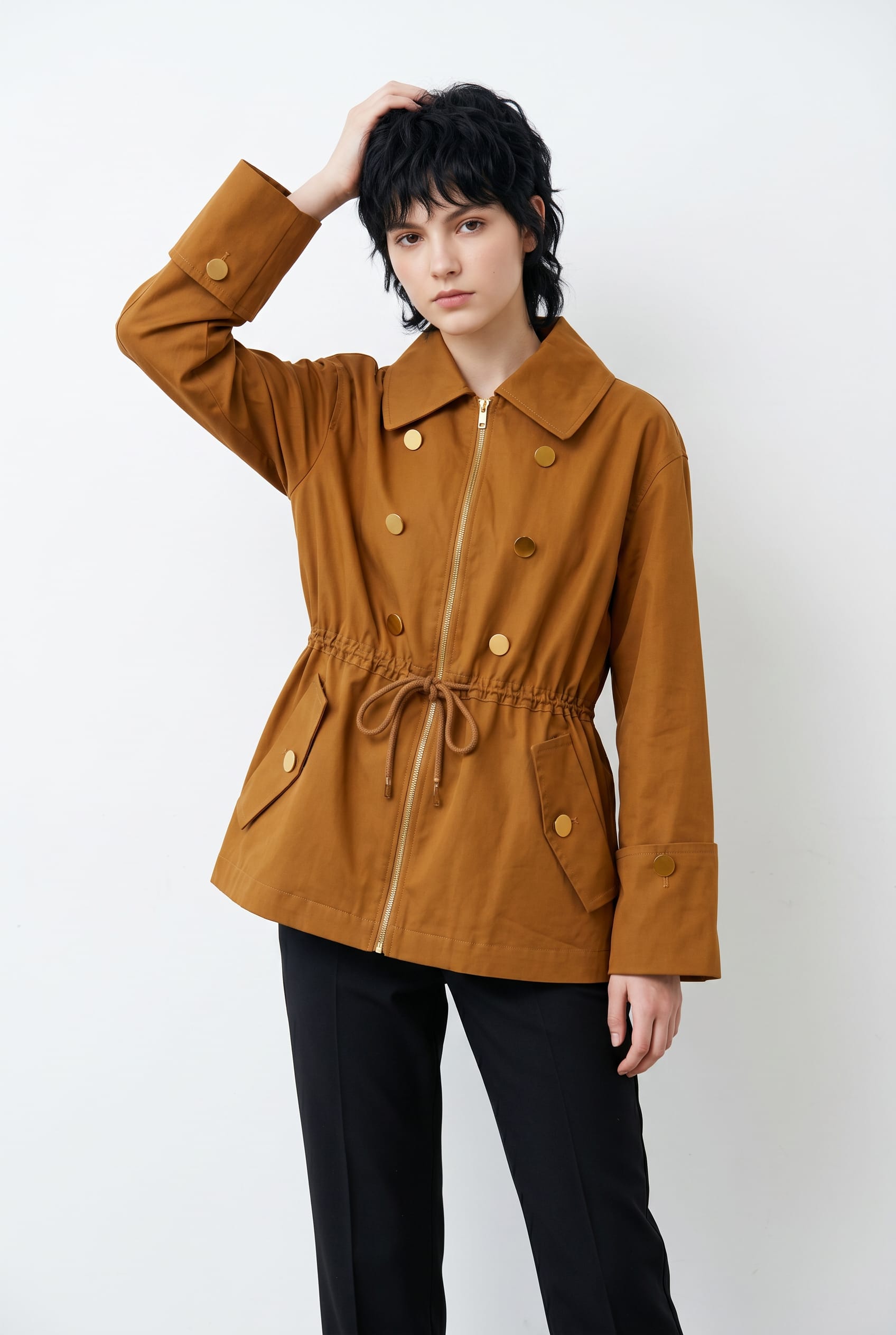 Camel Drawstring Utility Jacket With Buttons