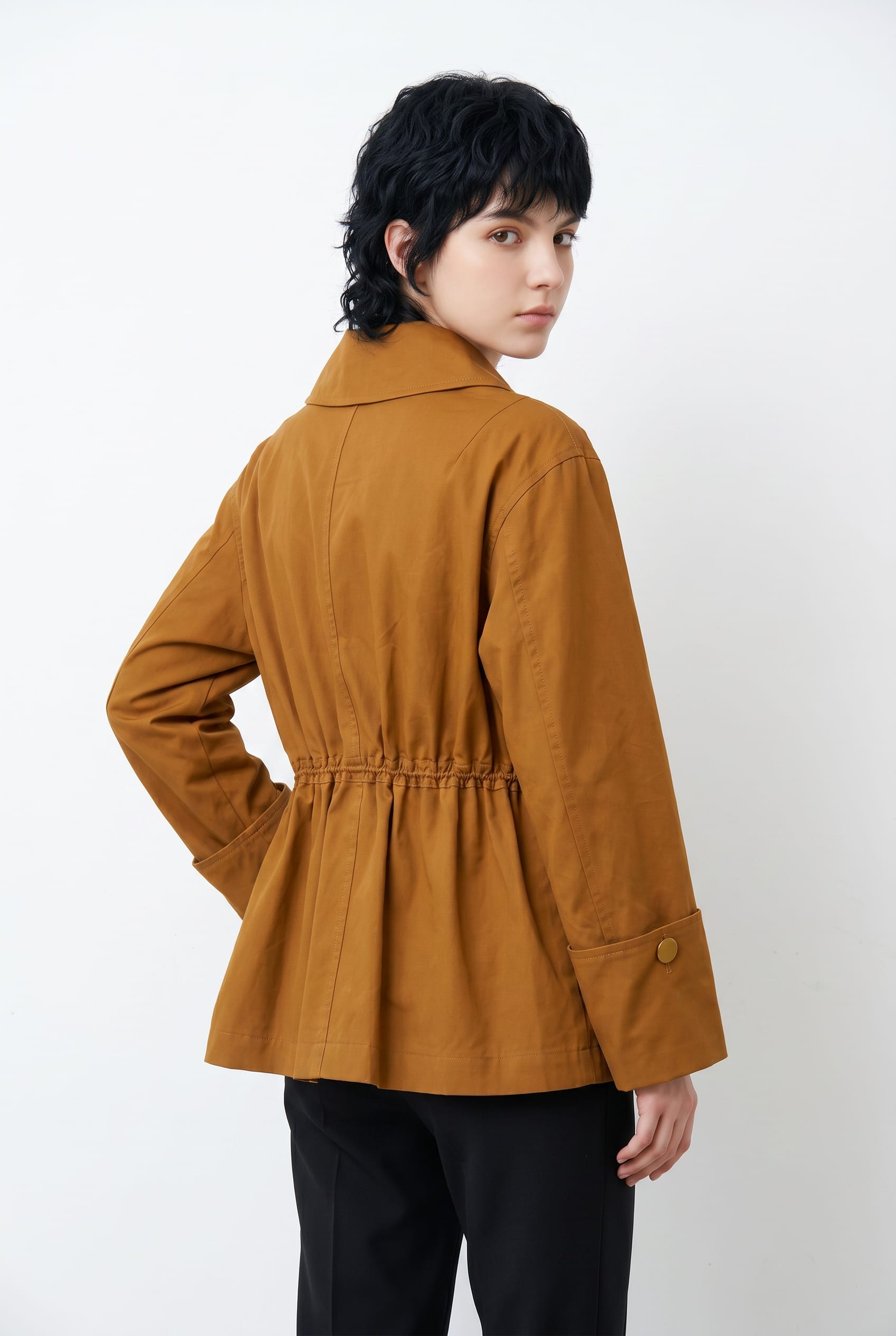Camel Drawstring Utility Jacket With Buttons