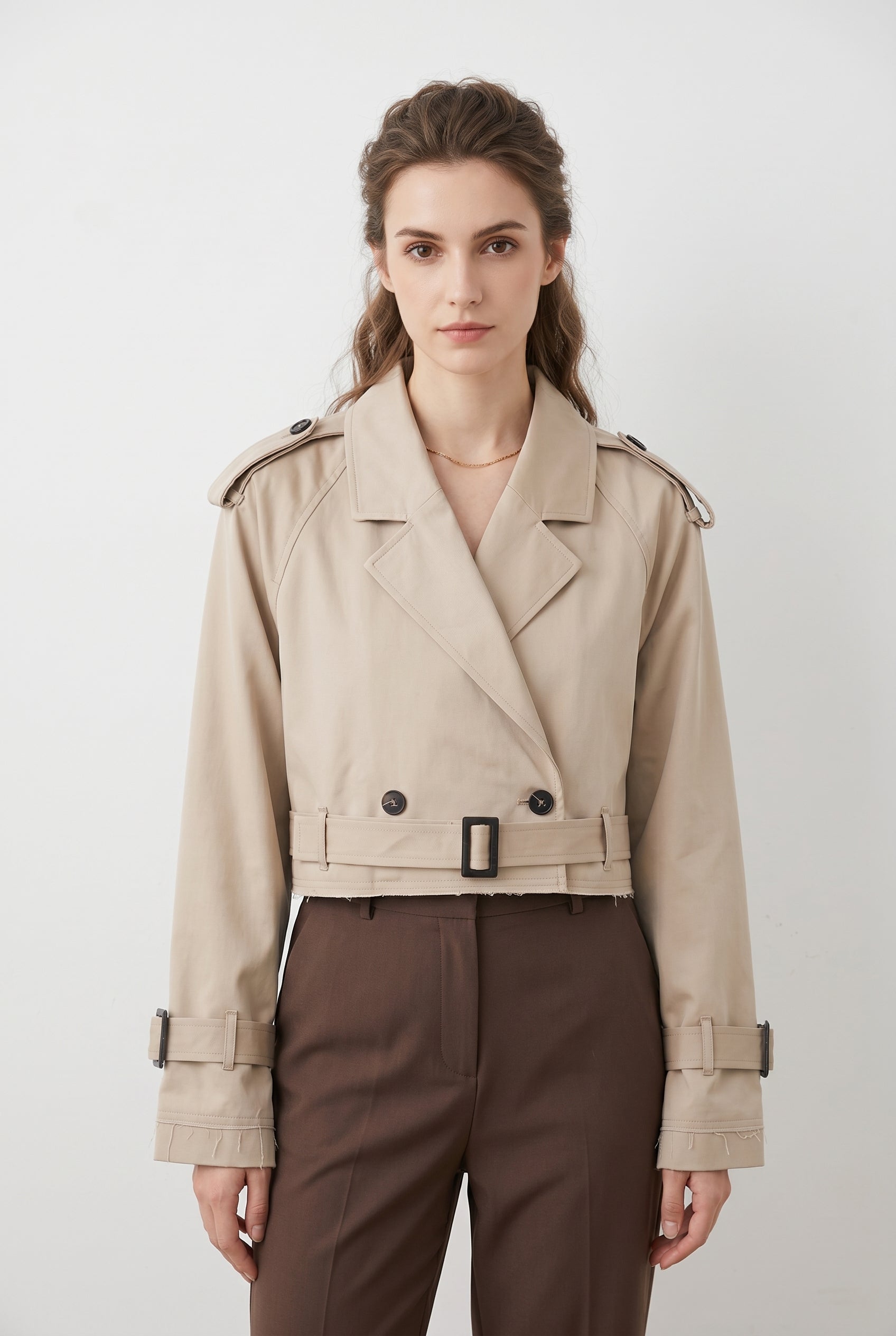 Beige Cropped Double-Breasted Trench Jacket