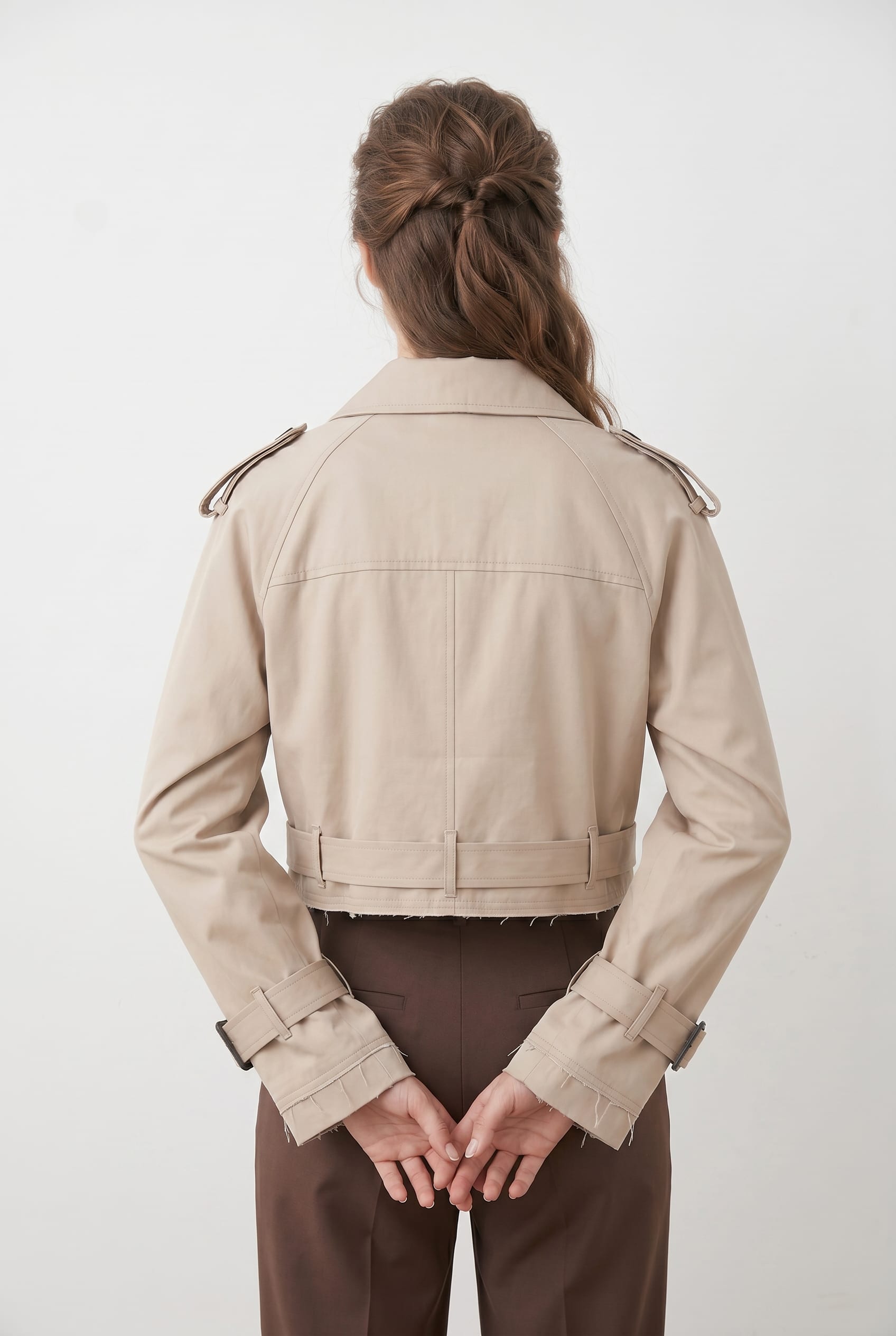 Beige Cropped Double-Breasted Trench Jacket