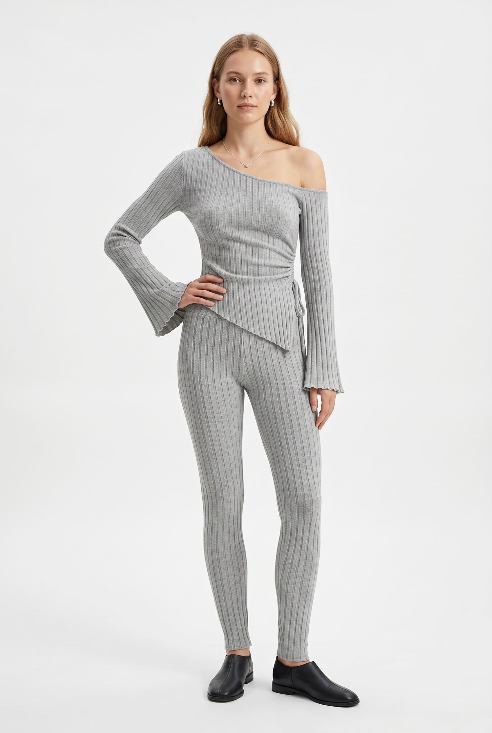 Grey Ribbed Off-Shoulder Knit Co-ord Set