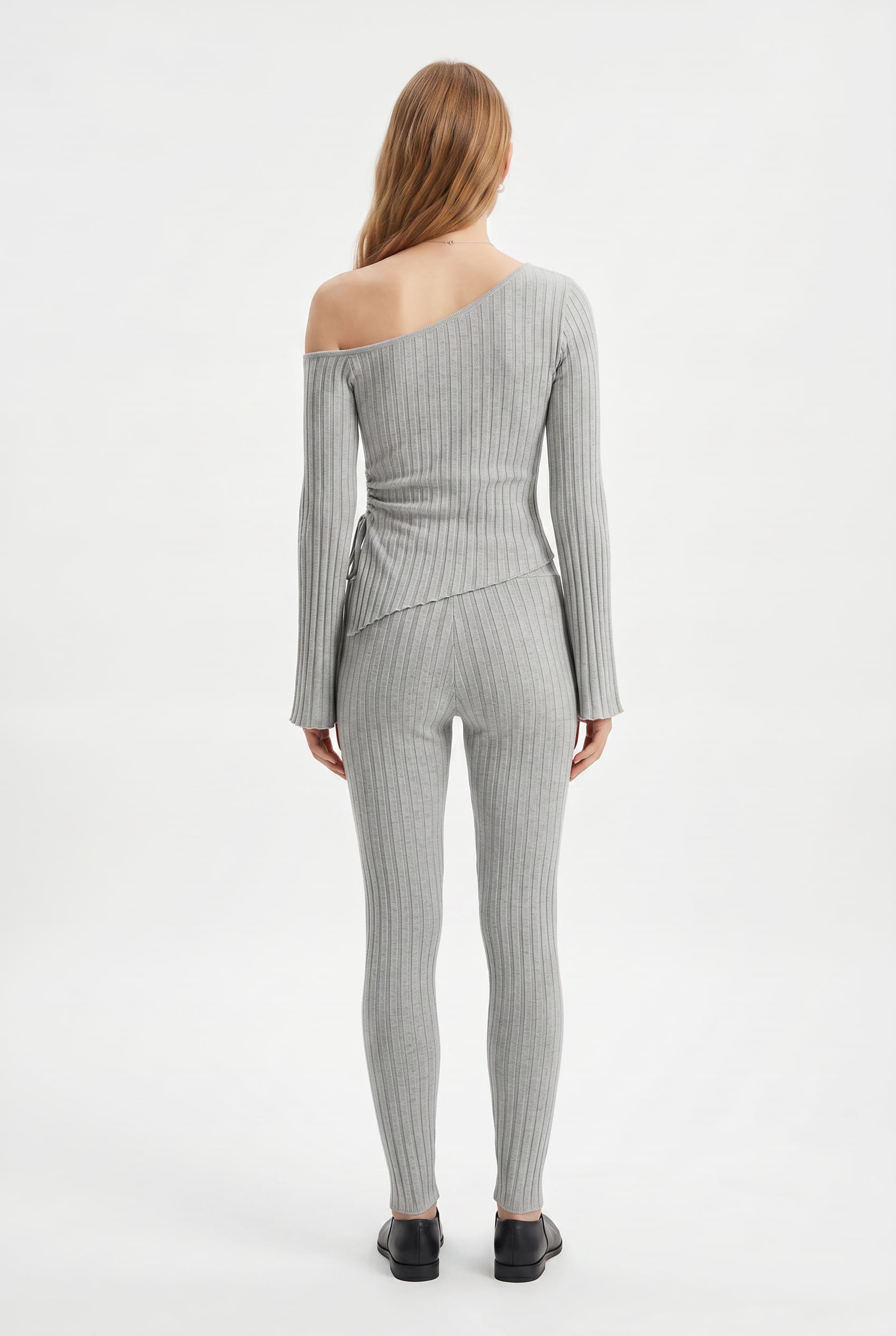 Grey Ribbed Off-Shoulder Knit Co-ord Set