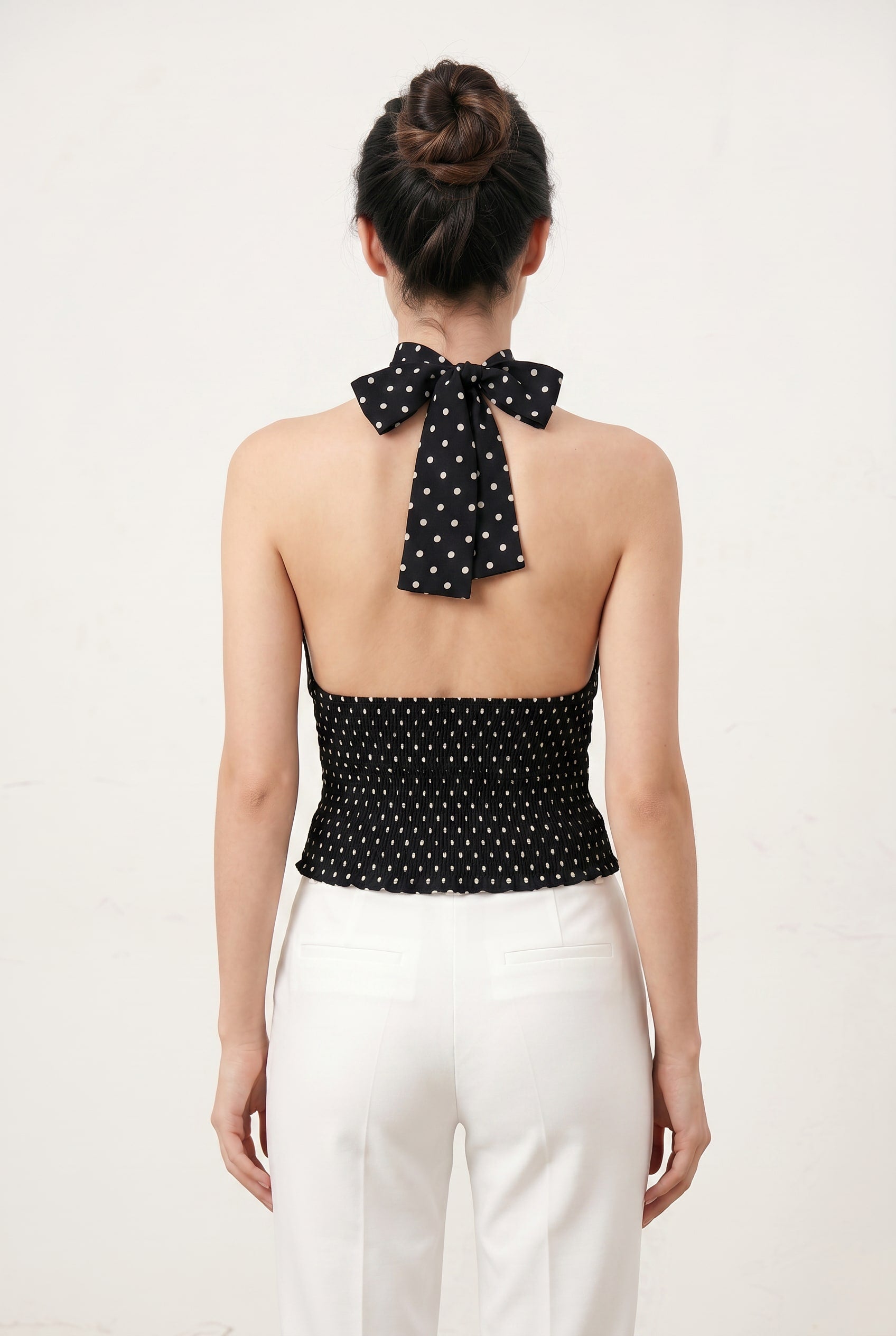 Black Polka Dot Smocked Halter Top