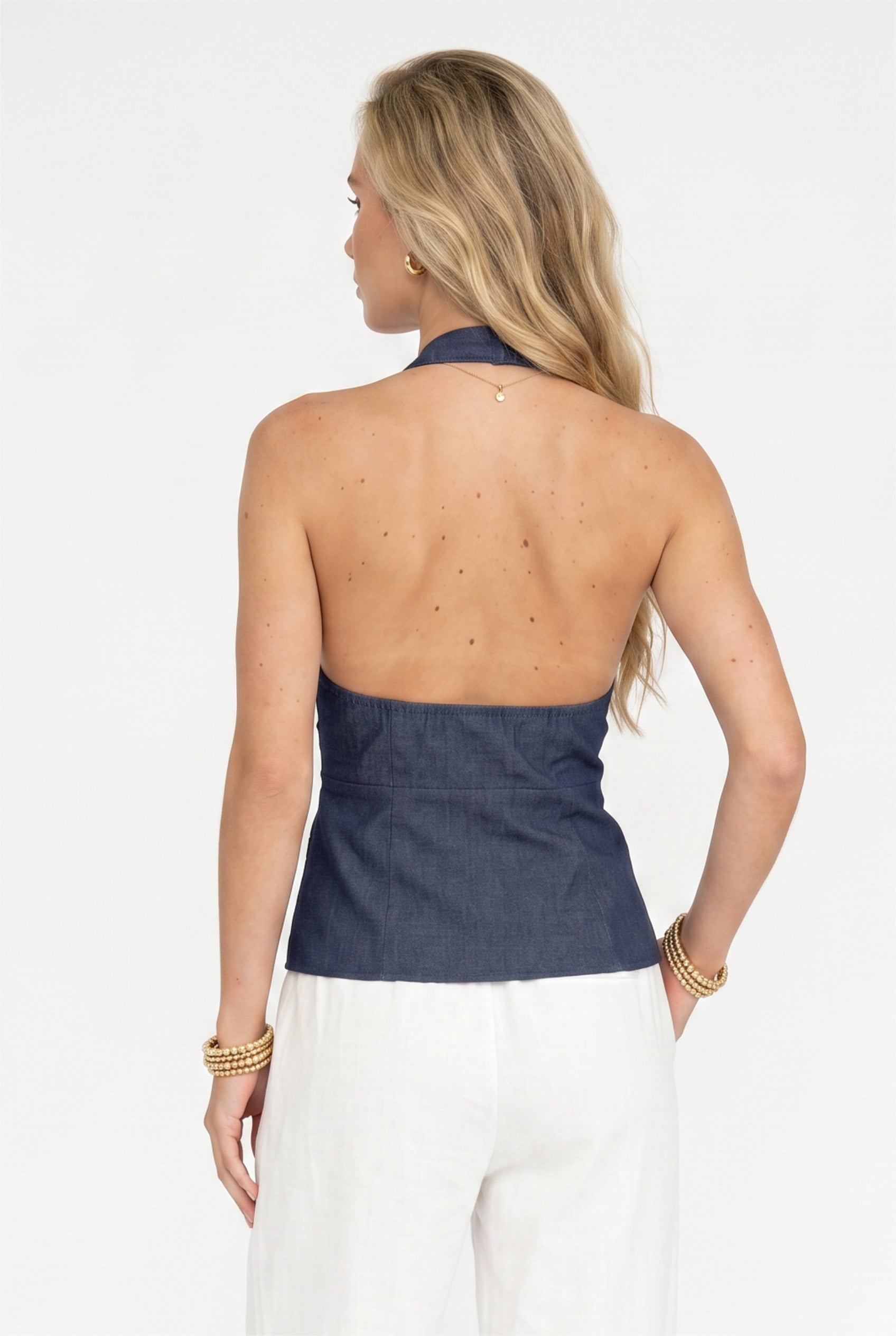 Navy Denim Halter Peplum Top