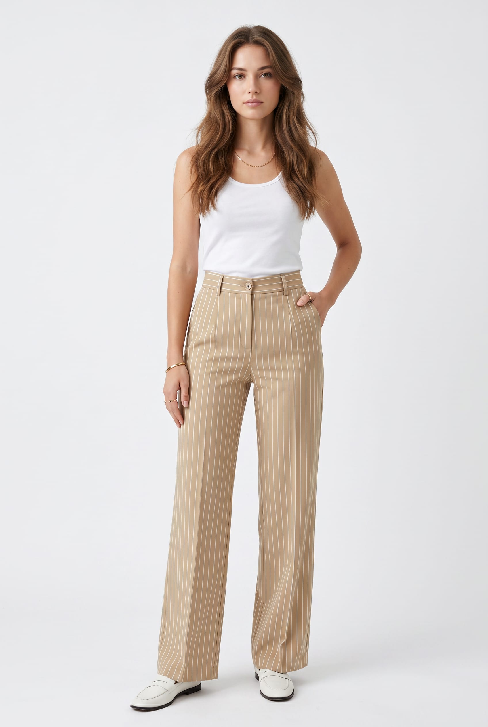 Beige Pinstripe High-Waisted Wide-Leg Trousers