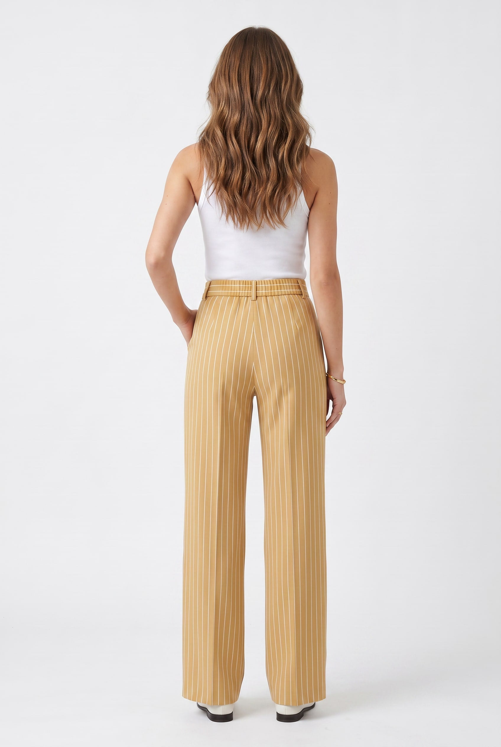Beige Pinstripe High-Waisted Wide-Leg Trousers