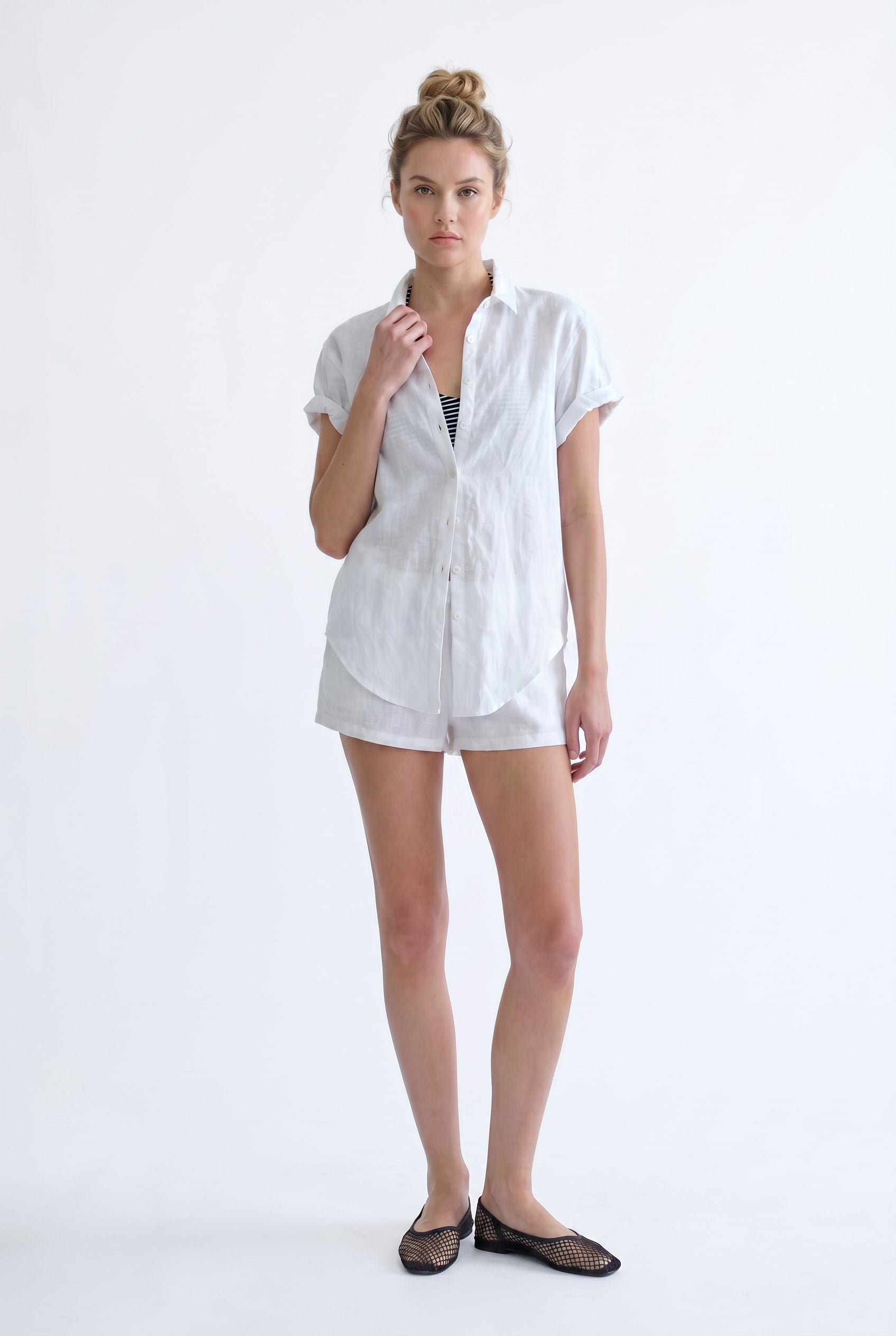 White Linen Short Sleeve Relaxed Shirt