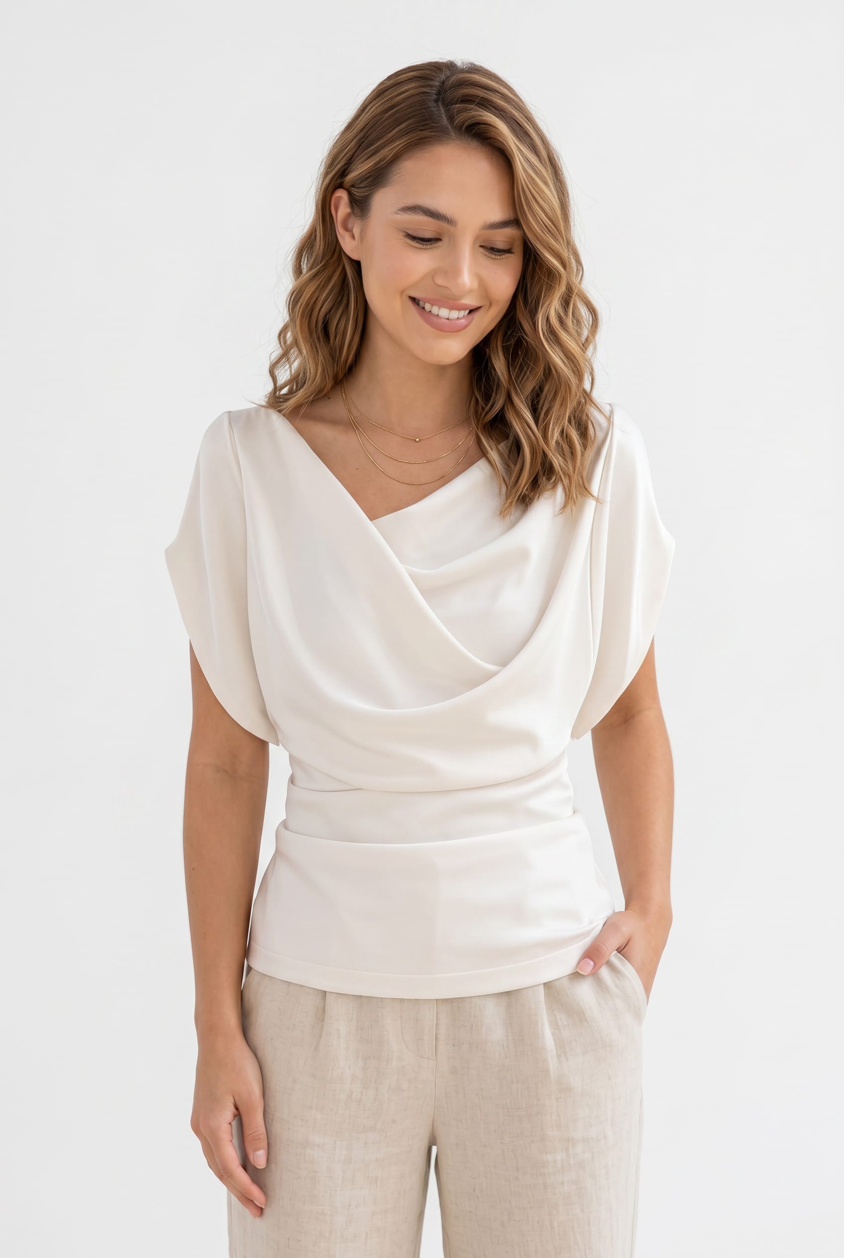 Ivory Draped Cowl Neck Blouse