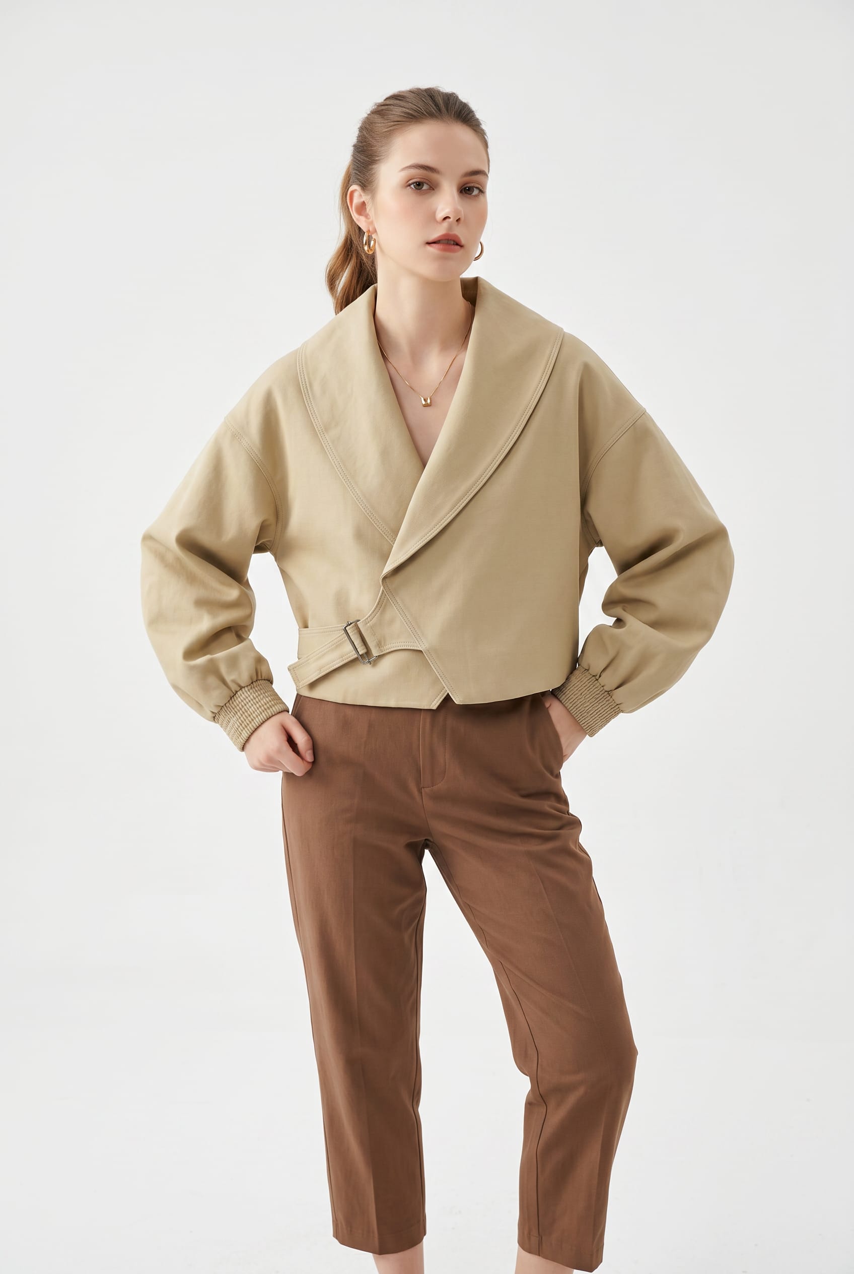 Beige Belted Shawl Collar Cropped Jacket